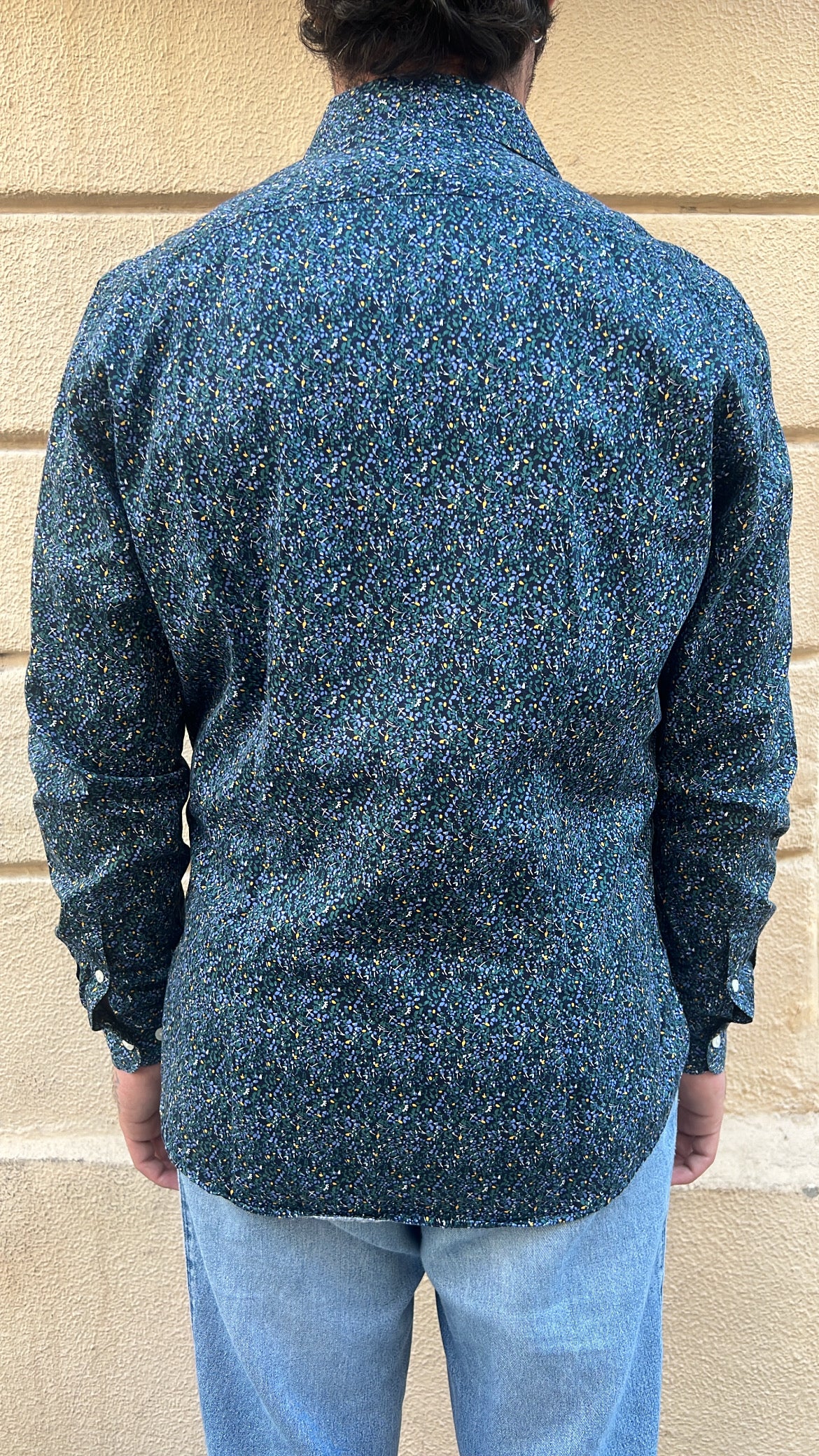 Navy Blue and Green Dappled Floral Micro-Print Shirt
