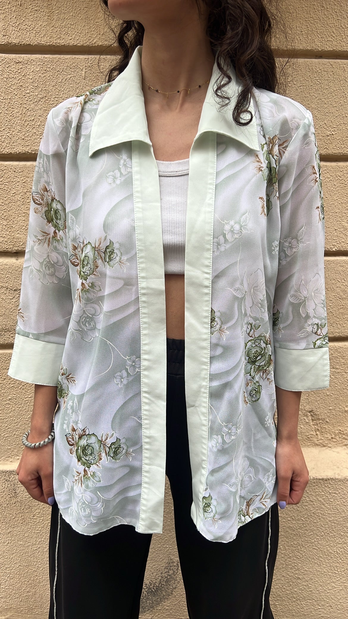 Mint Green Floral Open Front Sheer Blouse