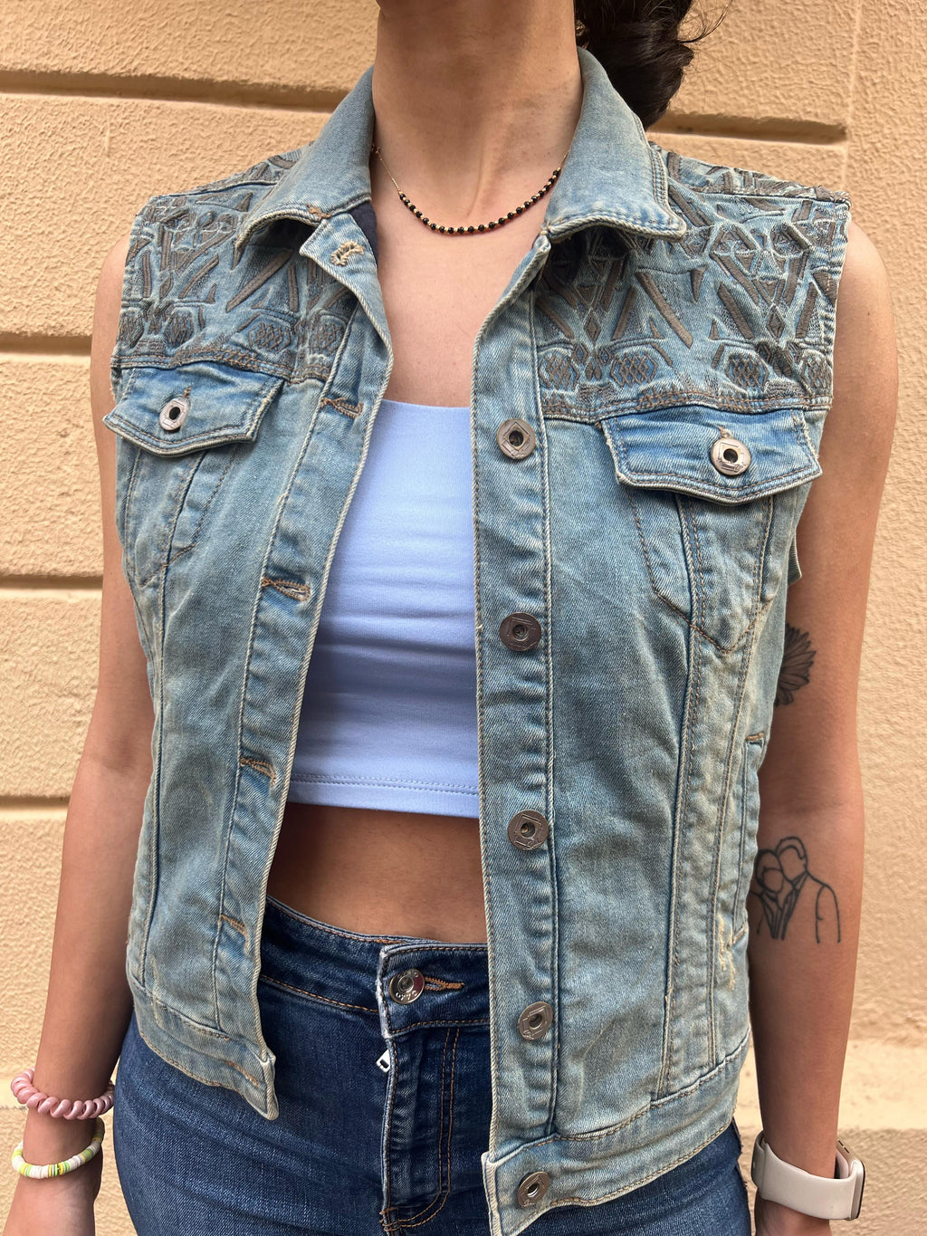 Geometric Embroidered Denim Vest