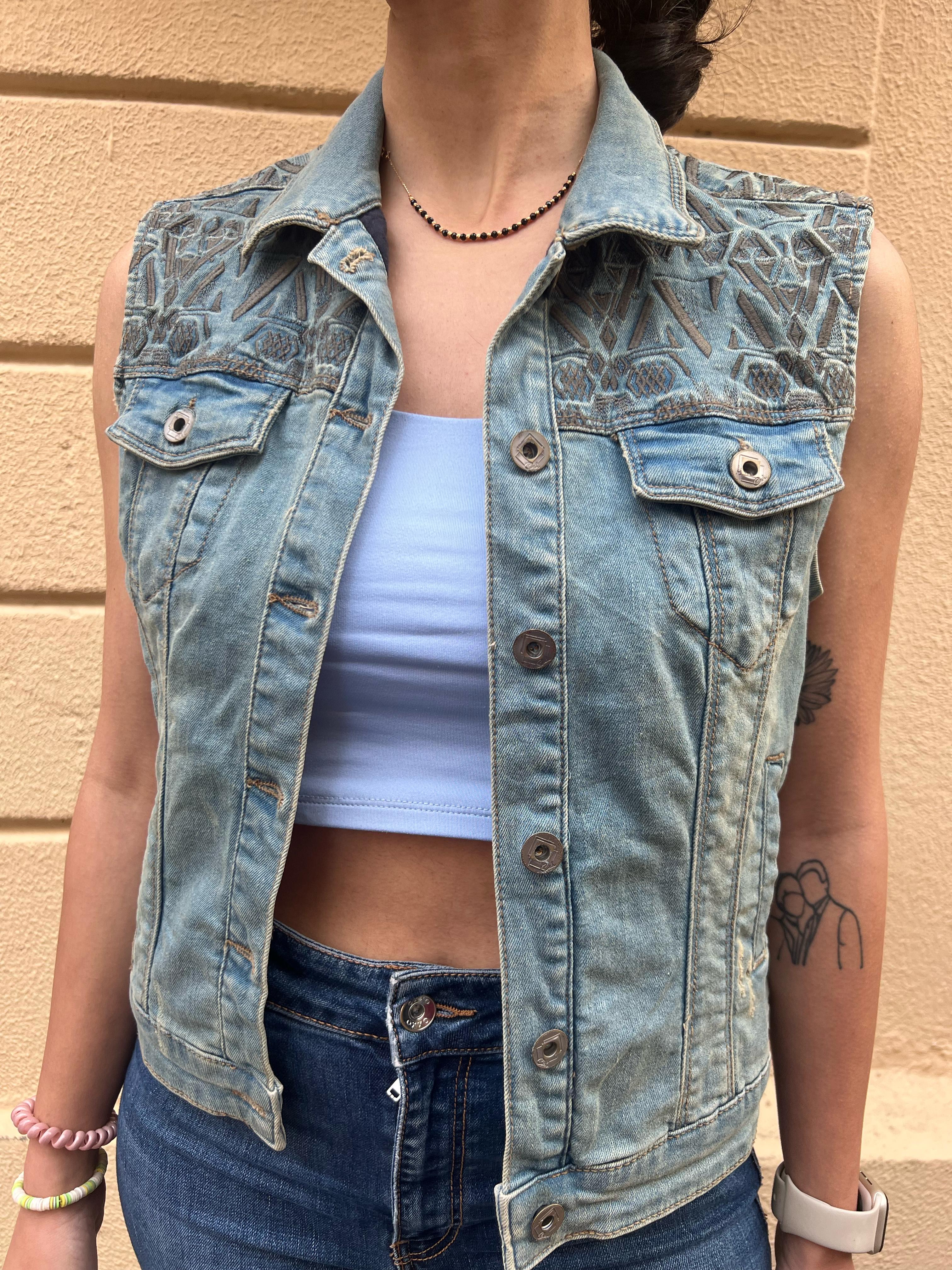 Geometric Embroidered Denim Vest