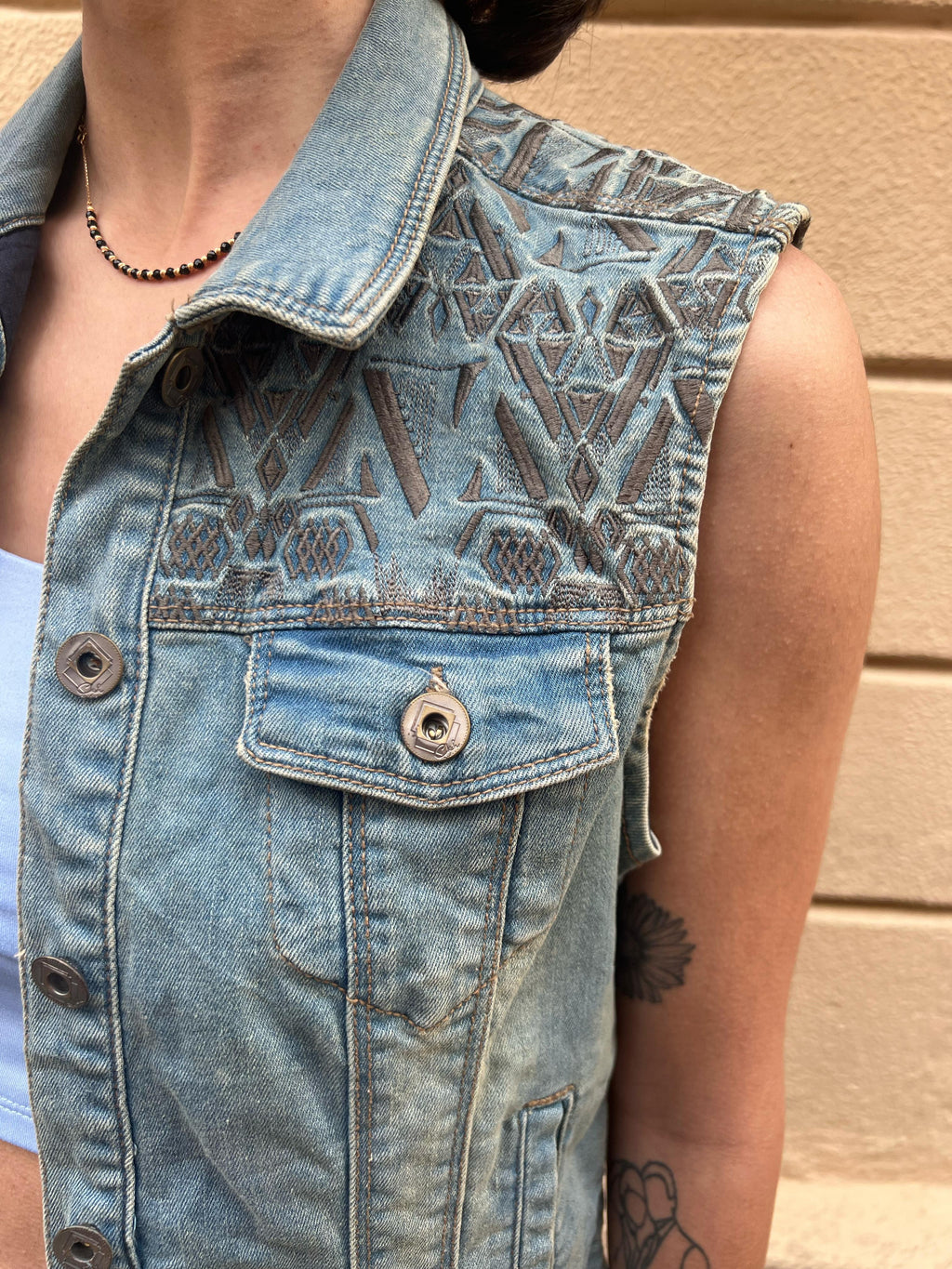 Geometric Embroidered Denim Vest