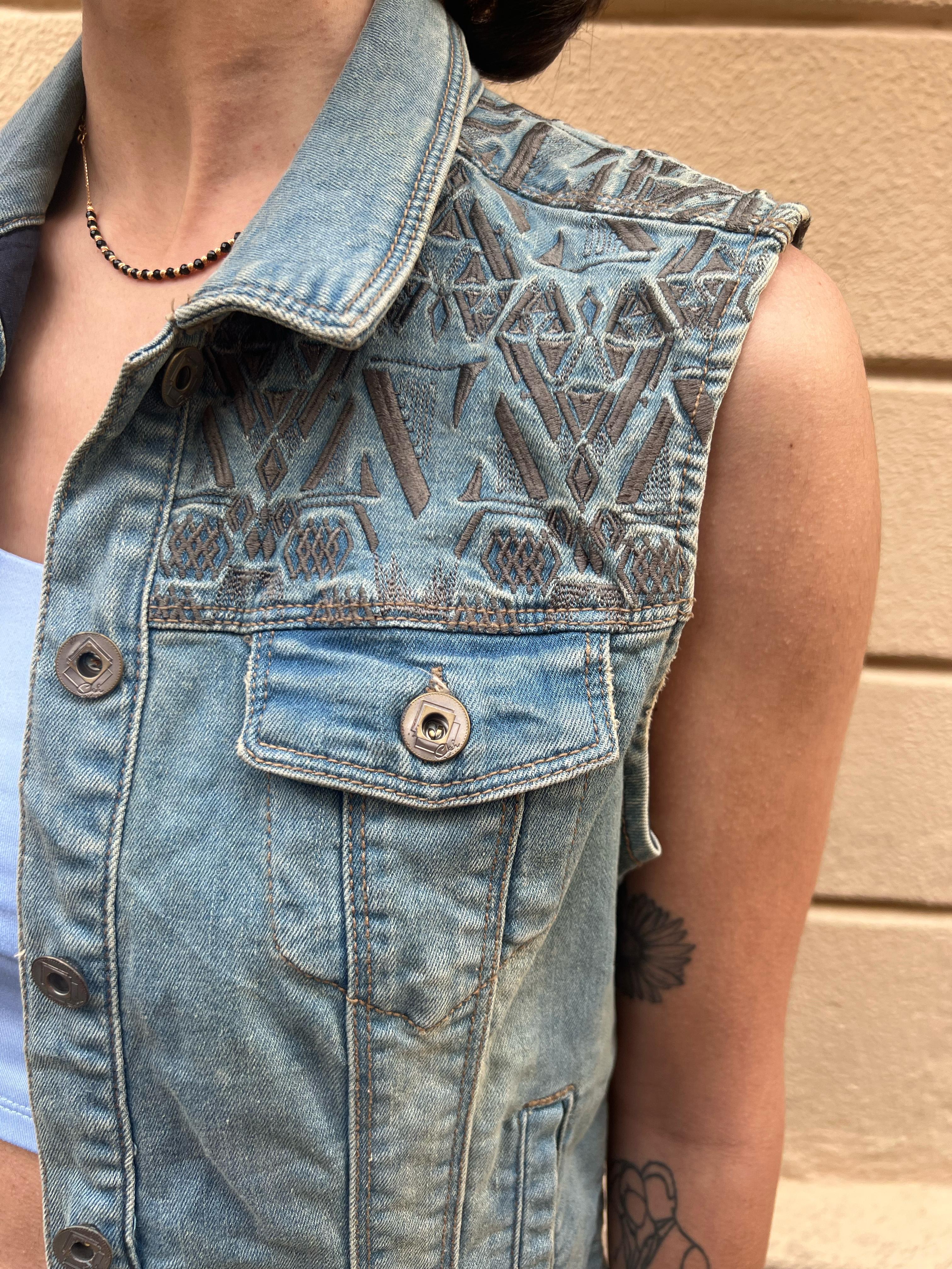 Geometric Embroidered Denim Vest