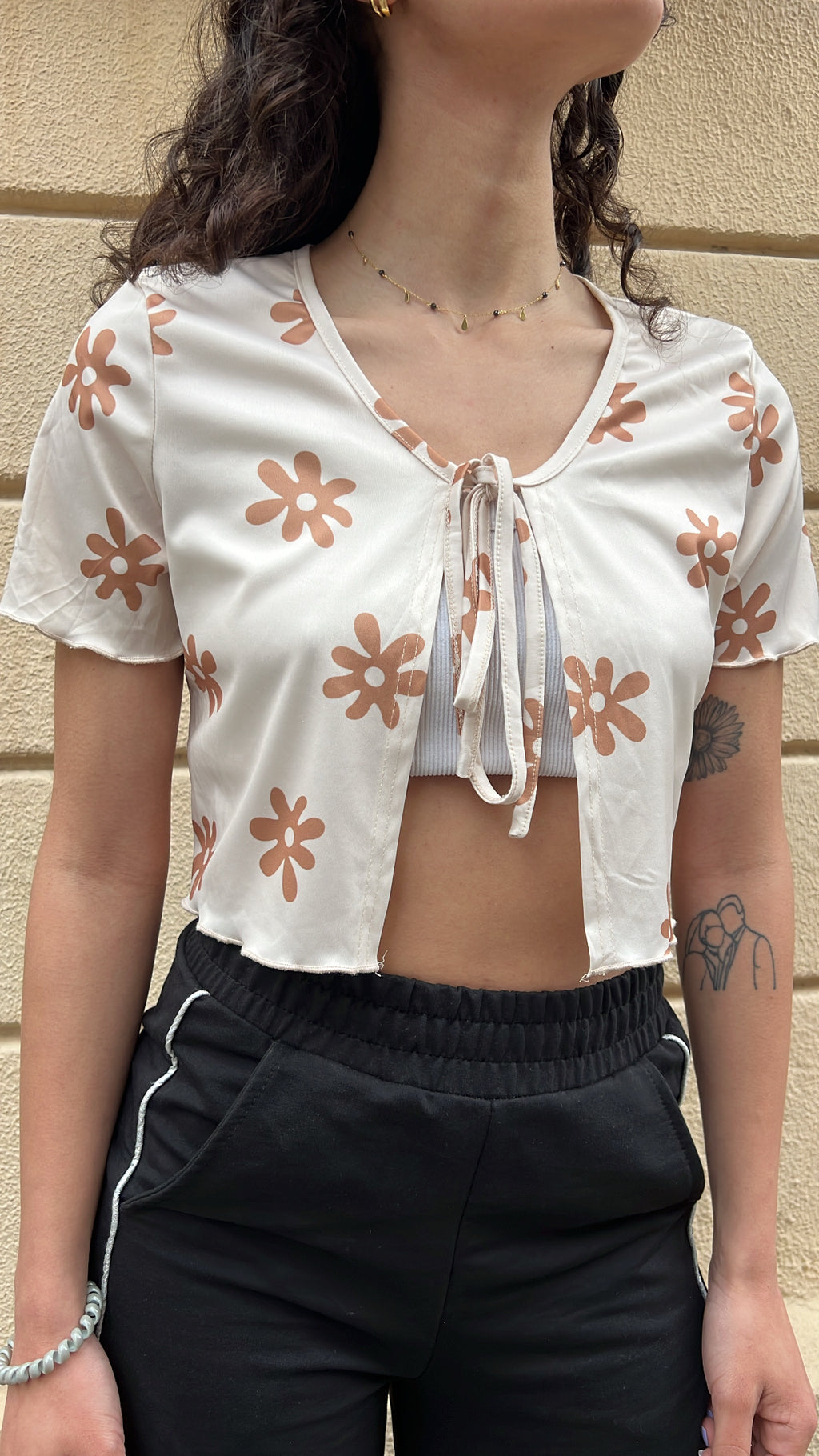 Retro Floral Tie Front Crop Top