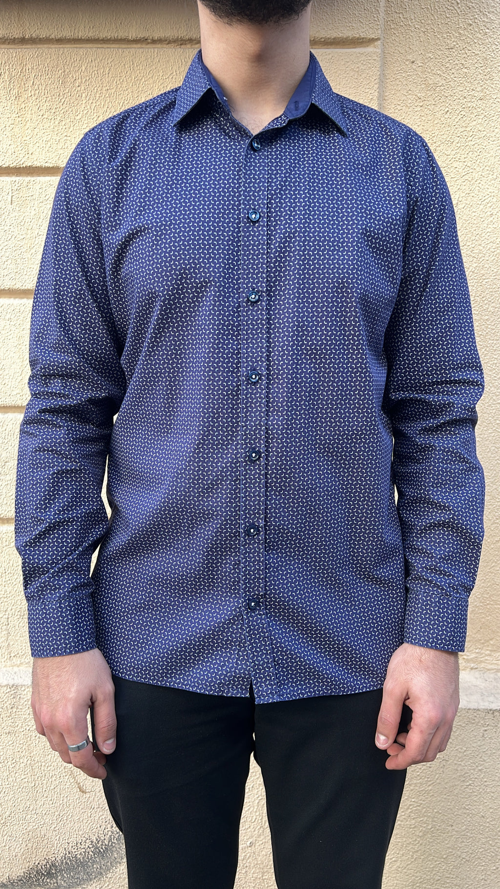 Navy Blue Geometric Micro-Print Shirt