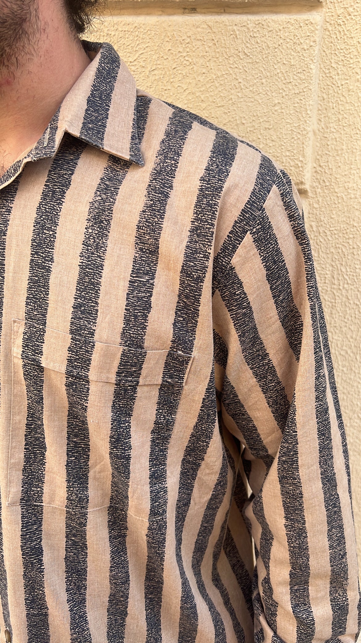 Tan and Charcoal Gray Textured Vertical Stripes Shirt