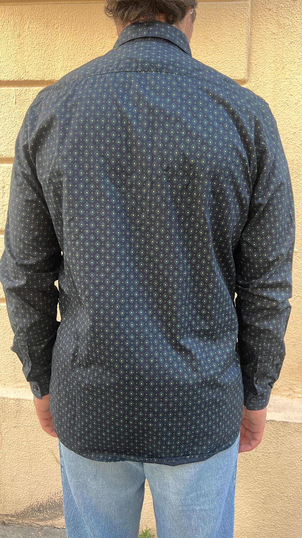 Navy Blue Diamond Micro-Geometric Print Shirt