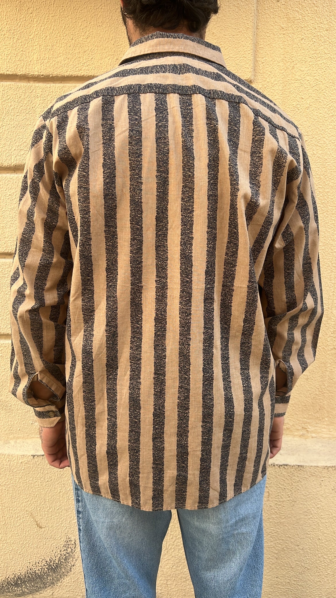 Tan and Charcoal Gray Textured Vertical Stripes Shirt