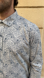 White and Slate Blue Paisley Print Shirt