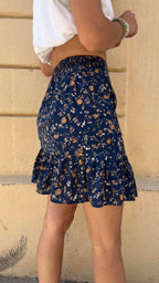 Navy Blue Micro Floral Ruffle Hem Mini Skirt
