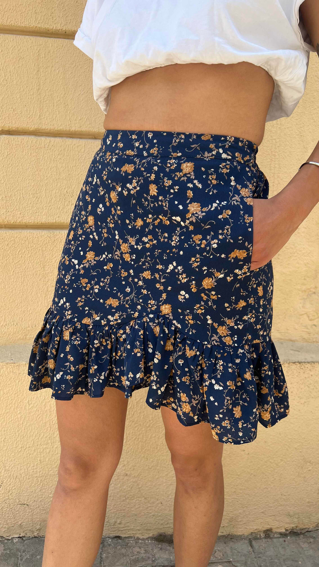 Navy Blue Micro Floral Ruffle Hem Mini Skirt