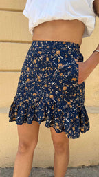 Navy Blue Micro Floral Ruffle Hem Mini Skirt
