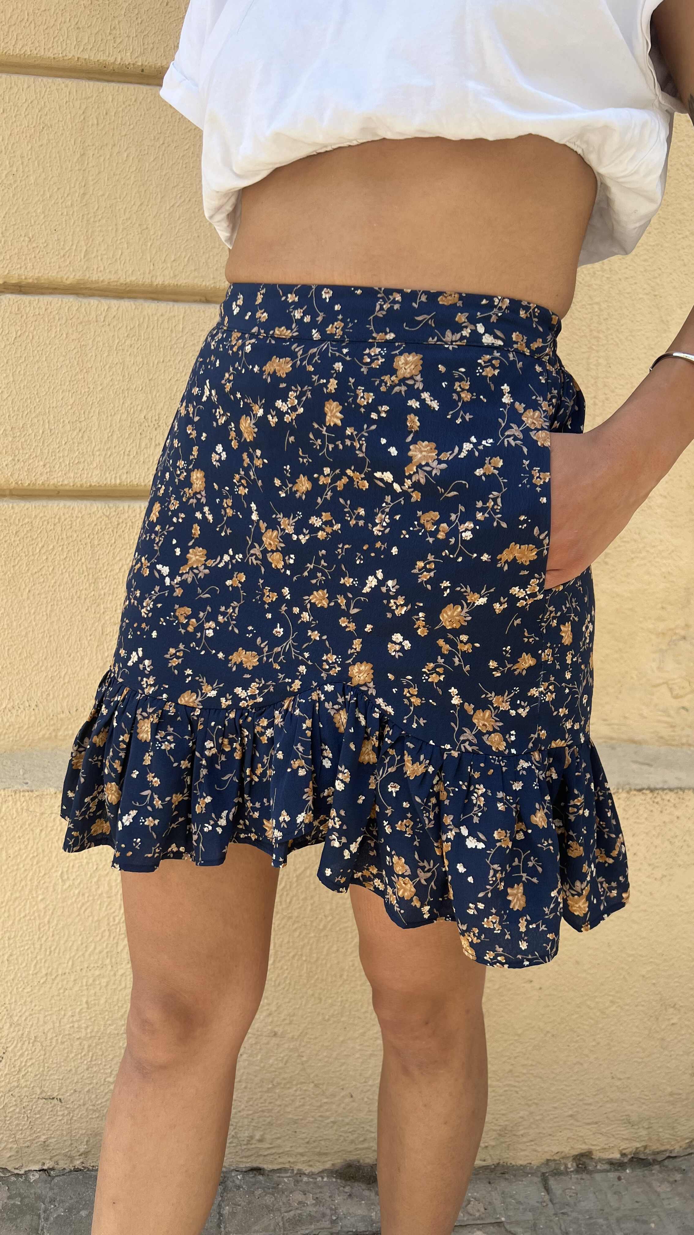 Navy Blue Micro Floral Ruffle Hem Mini Skirt
