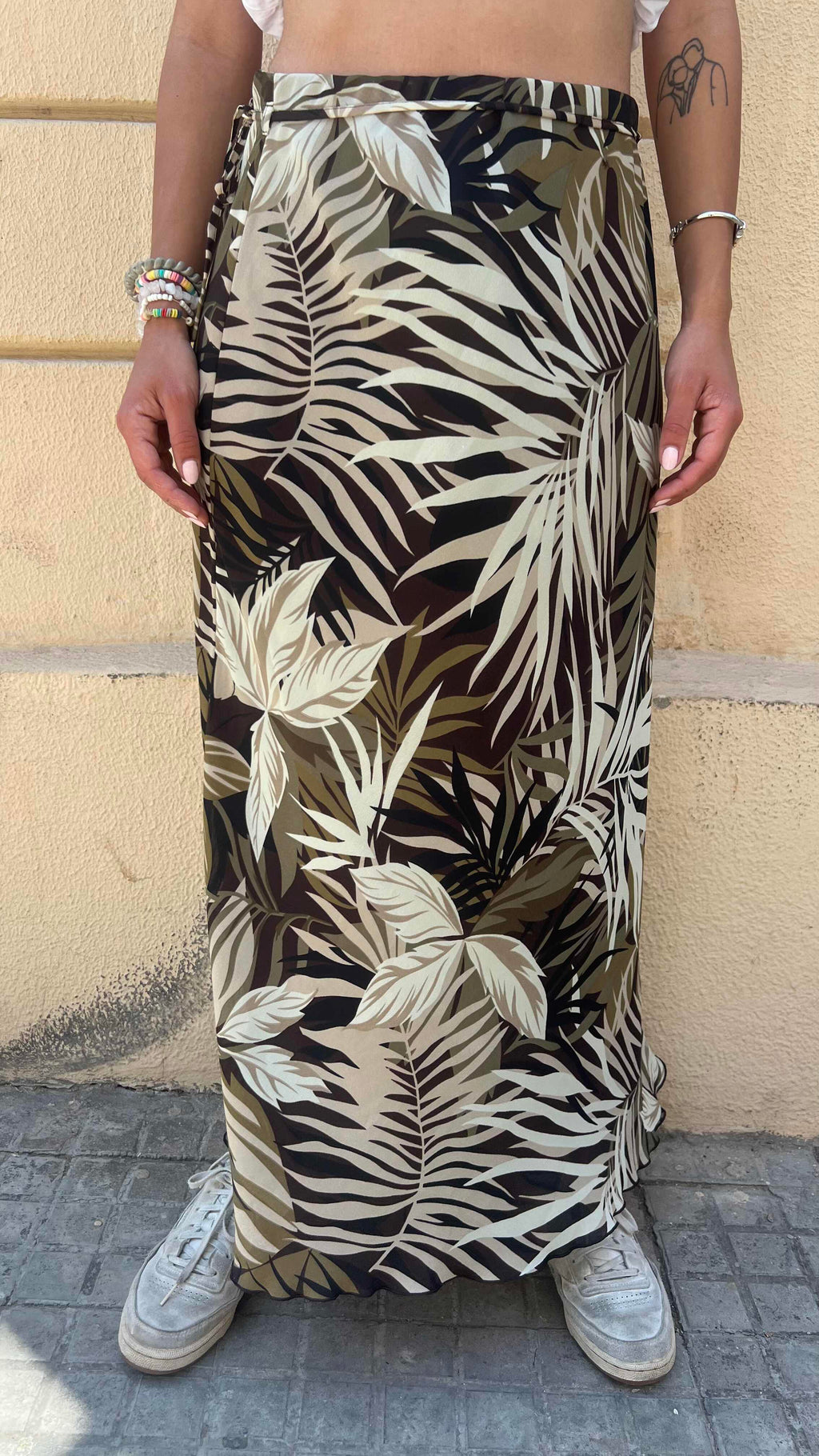 Tropical Leaf Print High Waisted Midi Skirt
