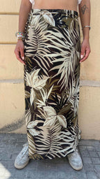 Tropical Leaf Print High Waisted Midi Skirt