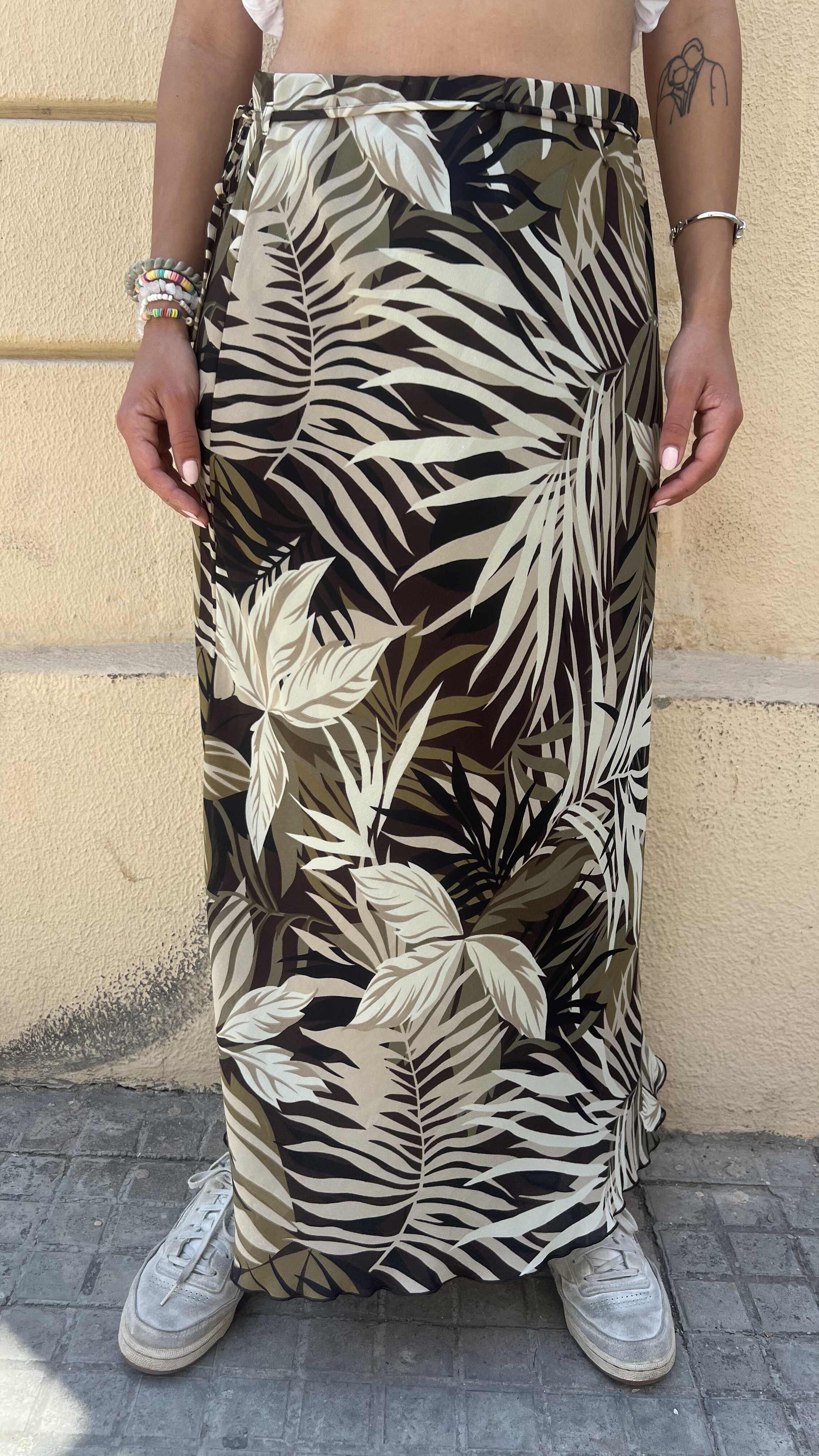 Tropical Leaf Print High Waisted Midi Skirt