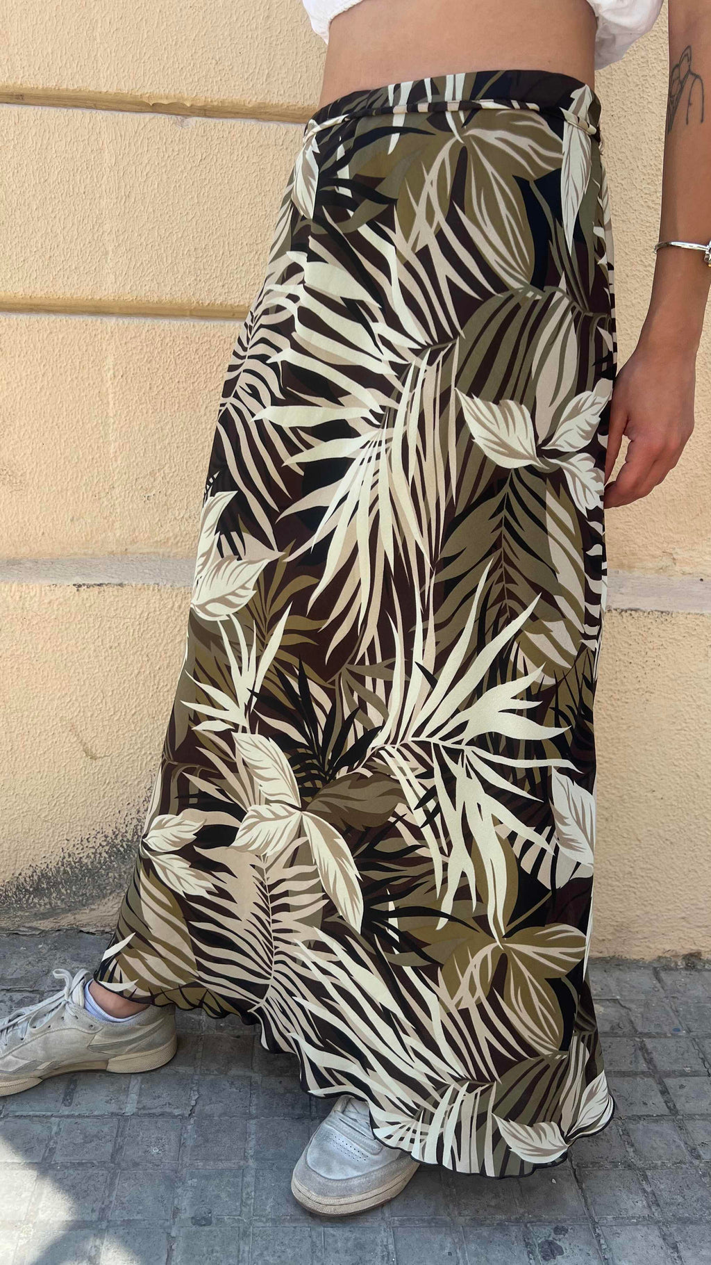 Tropical Leaf Print High Waisted Midi Skirt