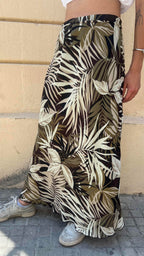 Tropical Leaf Print High Waisted Midi Skirt