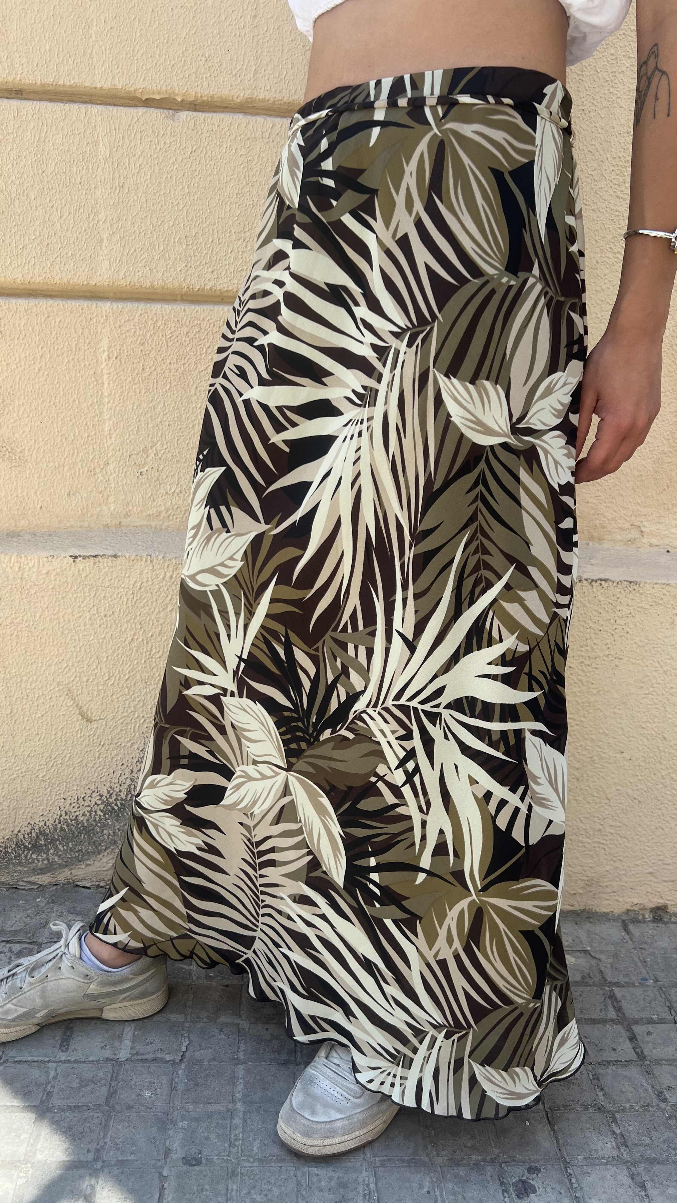 Tropical Leaf Print High Waisted Midi Skirt
