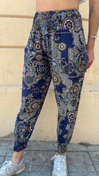 Bohemian Navy Blue Geometric Patchwork Pants
