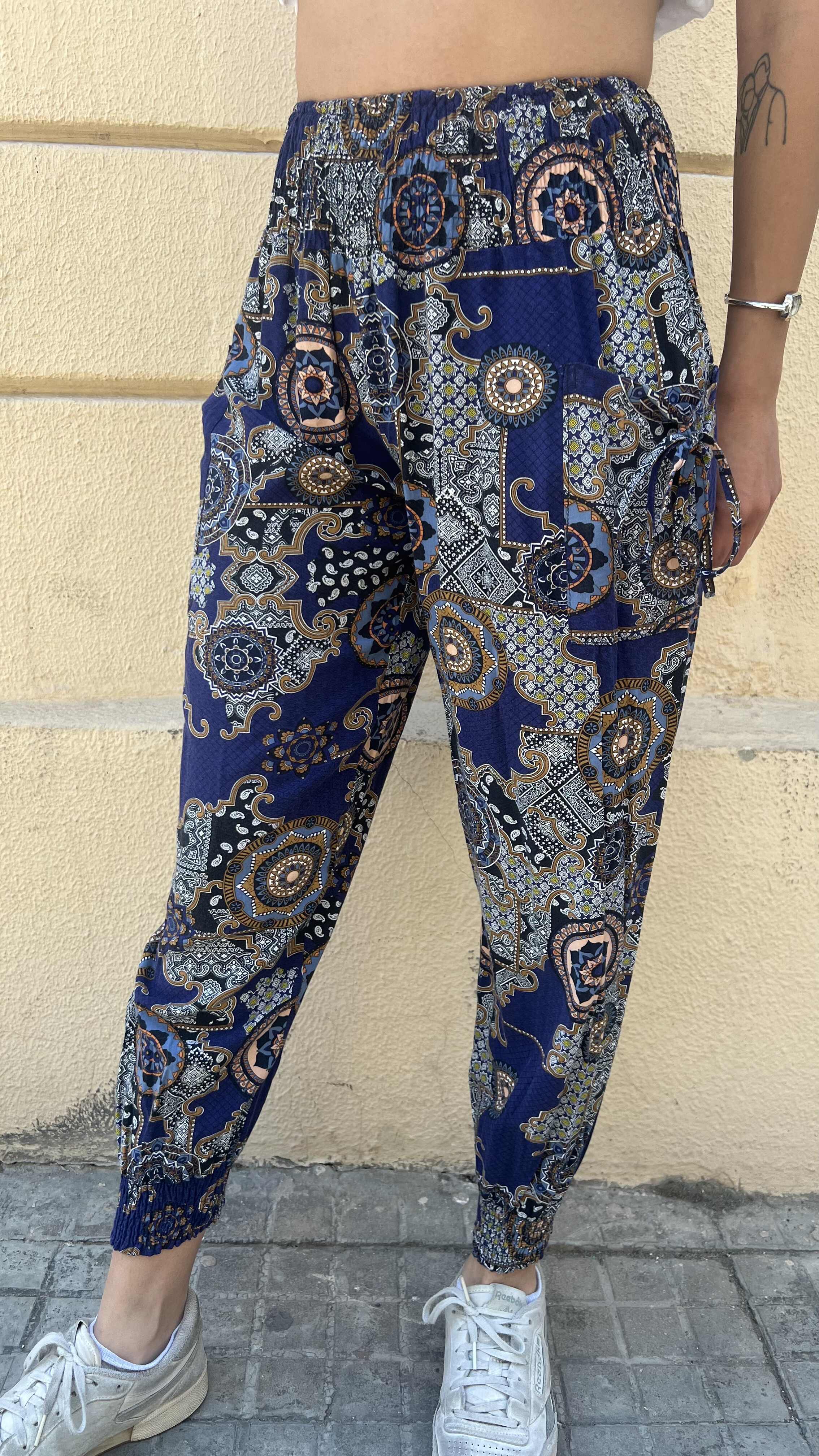 Bohemian Navy Blue Geometric Patchwork Pants
