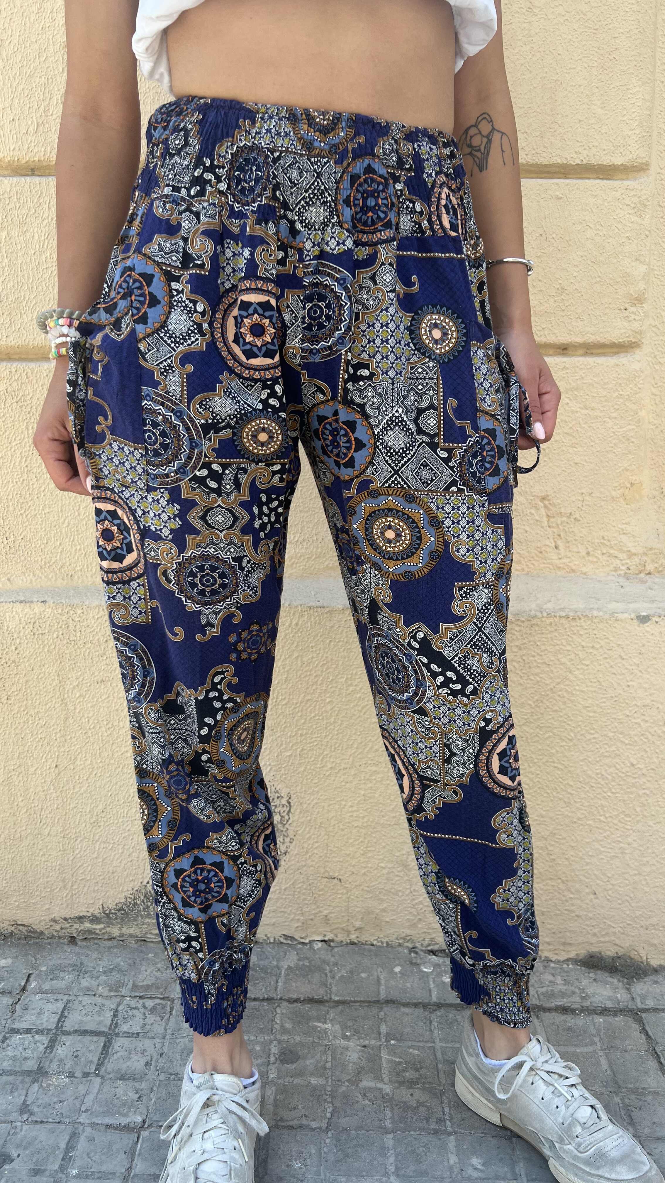 Bohemian Navy Blue Geometric Patchwork Pants