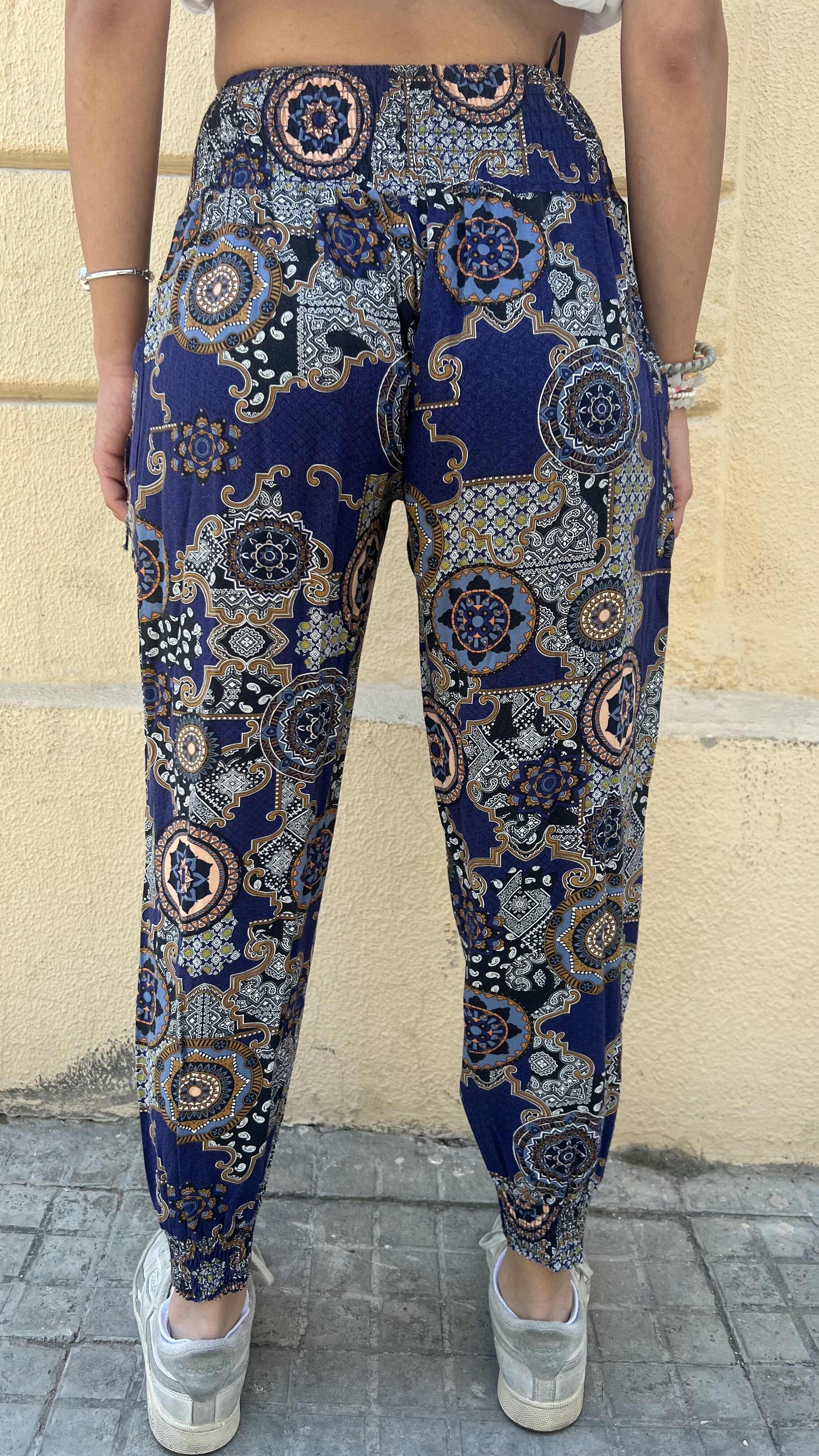 Bohemian Navy Blue Geometric Patchwork Pants