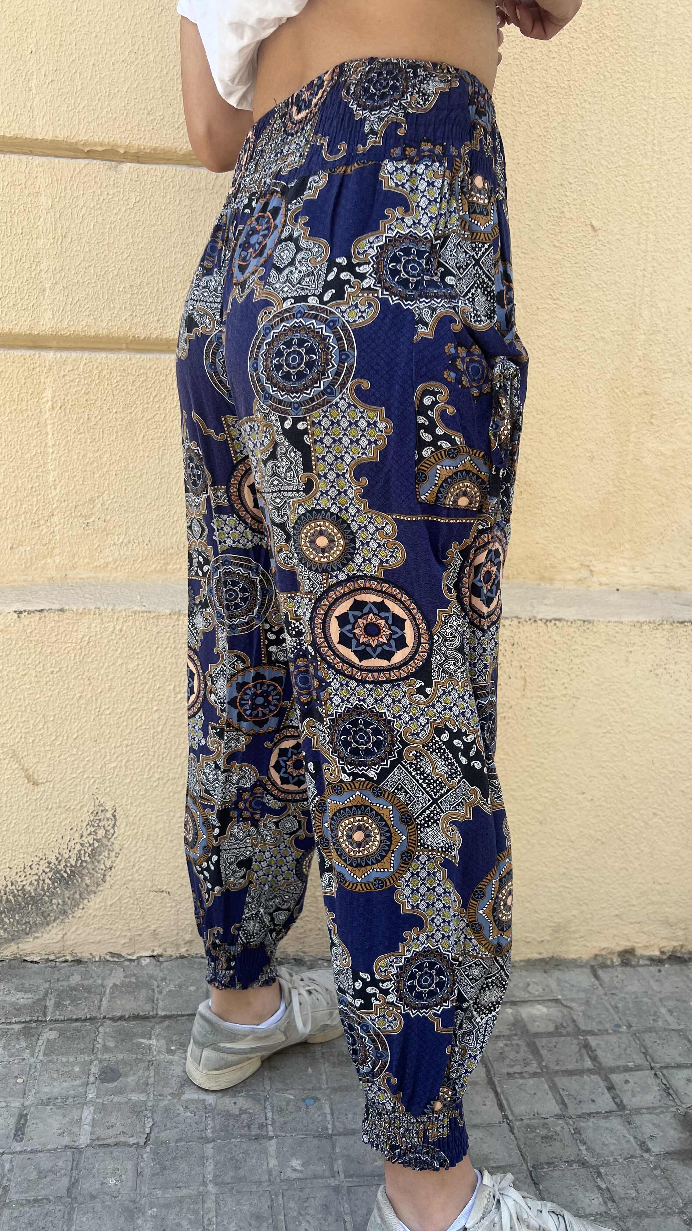 Bohemian Navy Blue Geometric Patchwork Pants