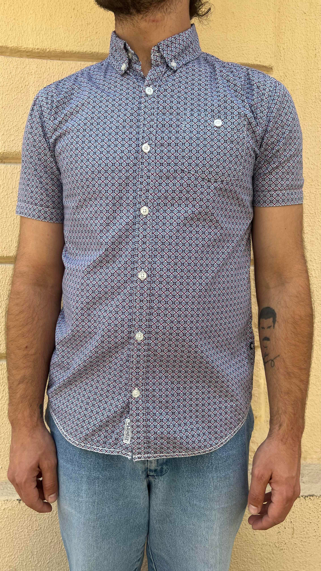 Blue and Red Micro Geometric Print Shirt