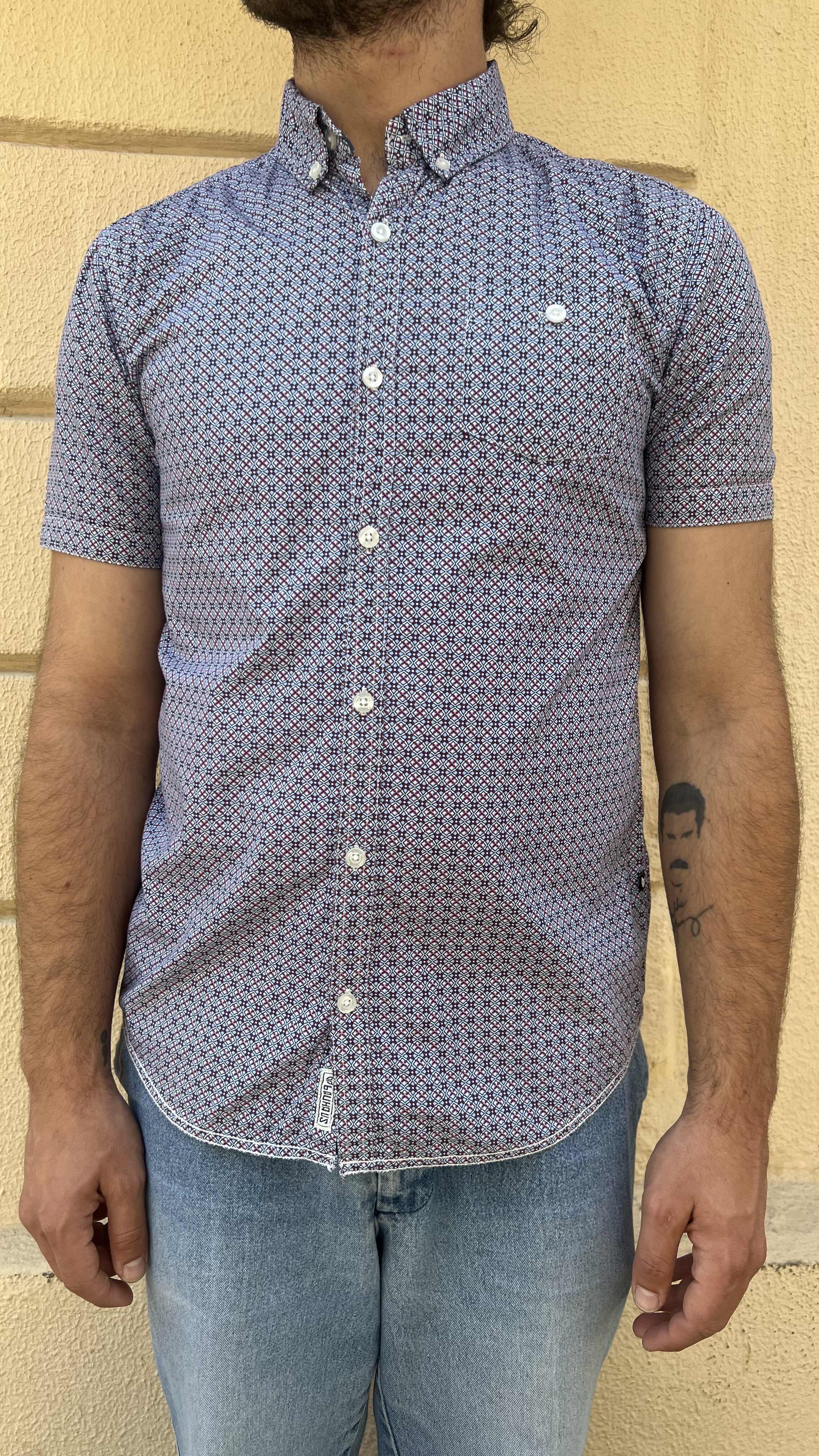 Blue and Red Micro Geometric Print Shirt