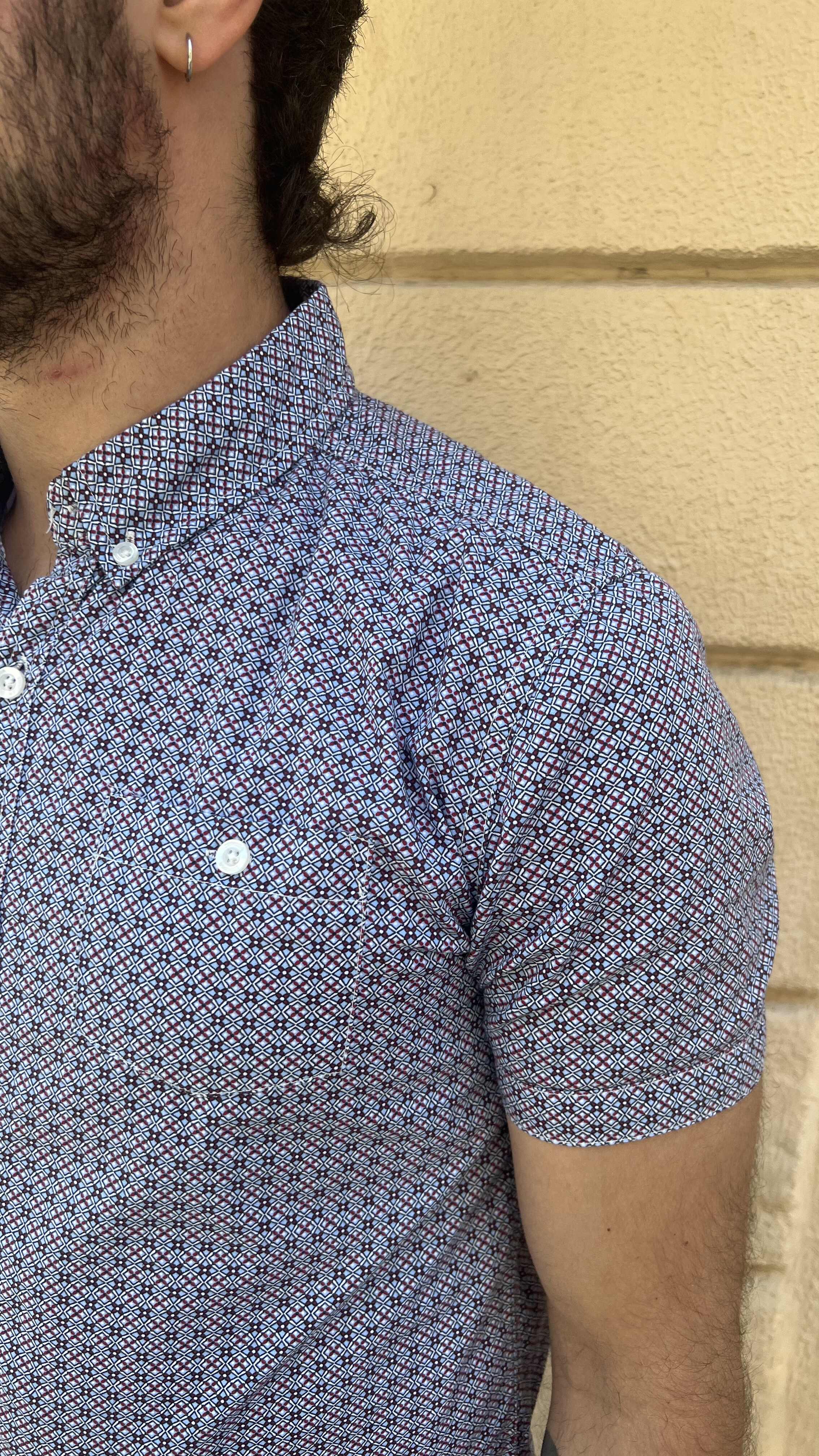 Blue and Red Micro Geometric Print Shirt