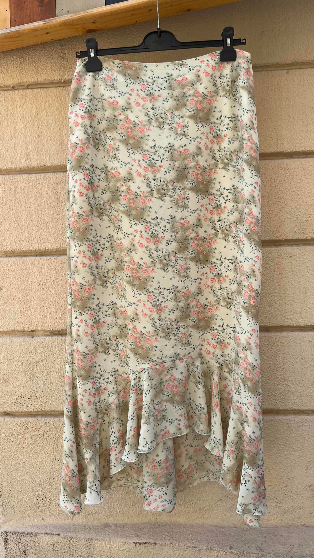 Cream Micro Floral Ruffle Hem Midi Skirt