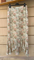 Cream Micro Floral Ruffle Hem Midi Skirt