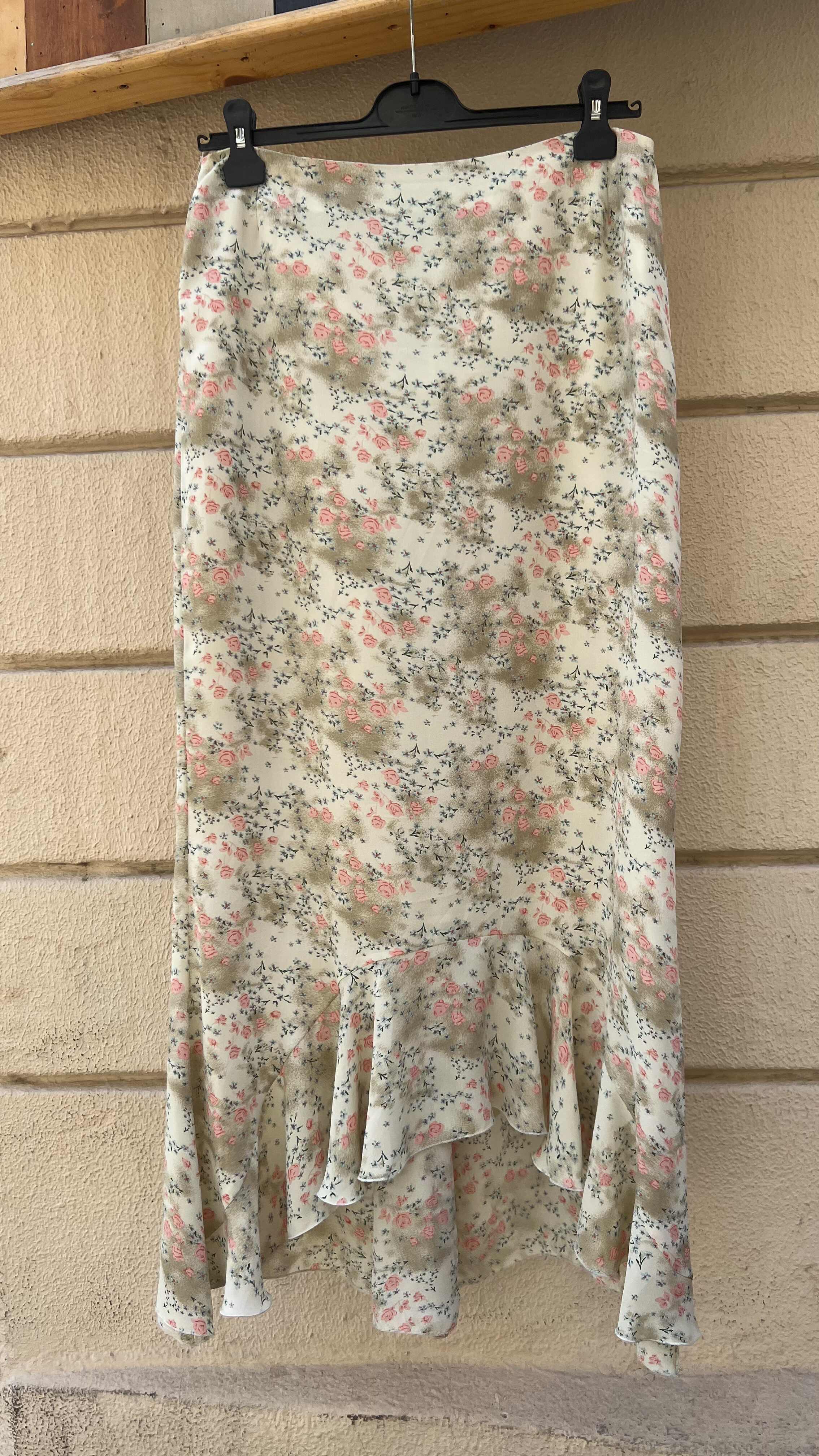 Cream Micro Floral Ruffle Hem Midi Skirt