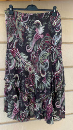 Dark Paisley Print Ruffle Midi Skirt