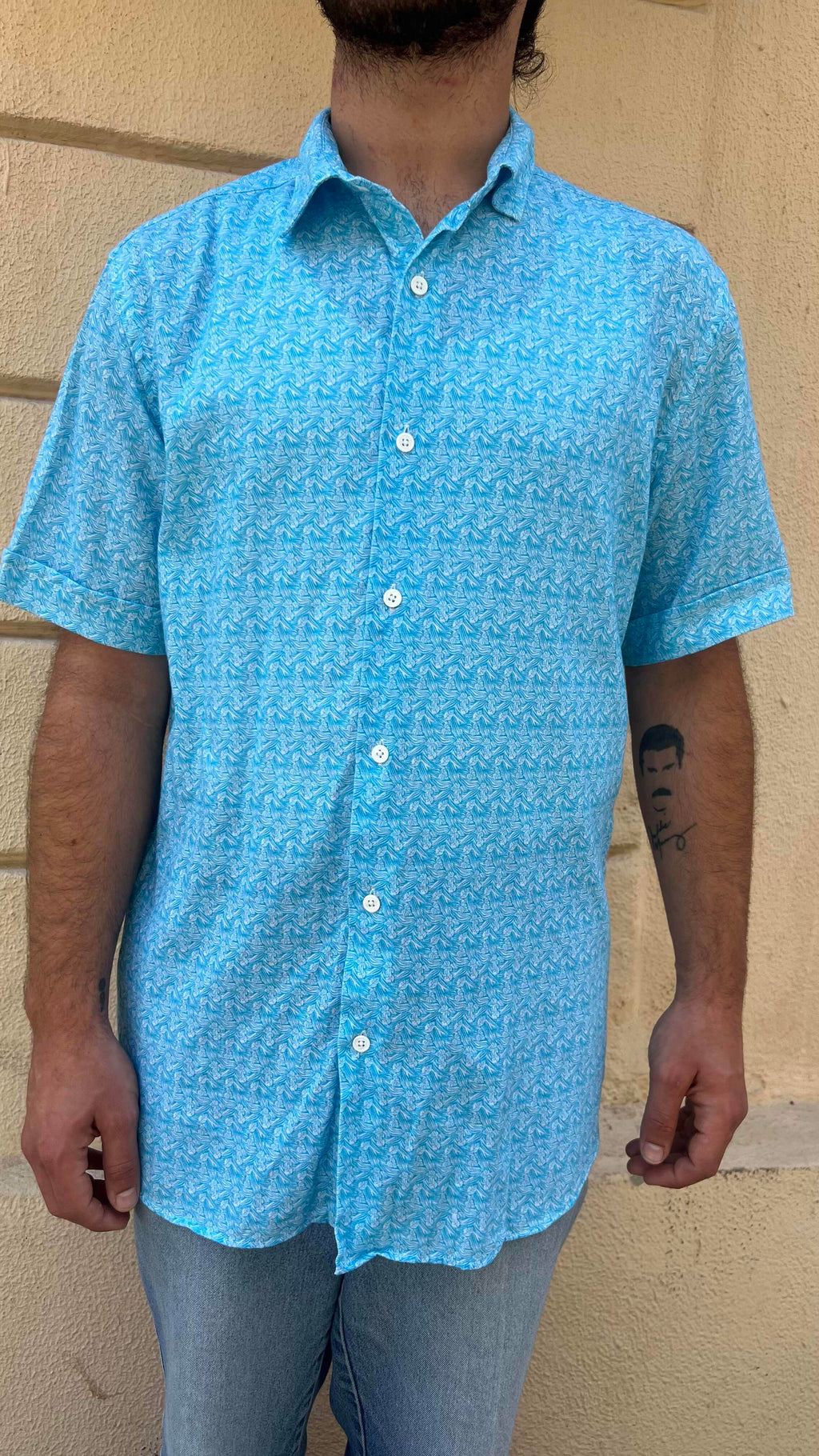 Bright Blue Retro Geometric Print Shirt