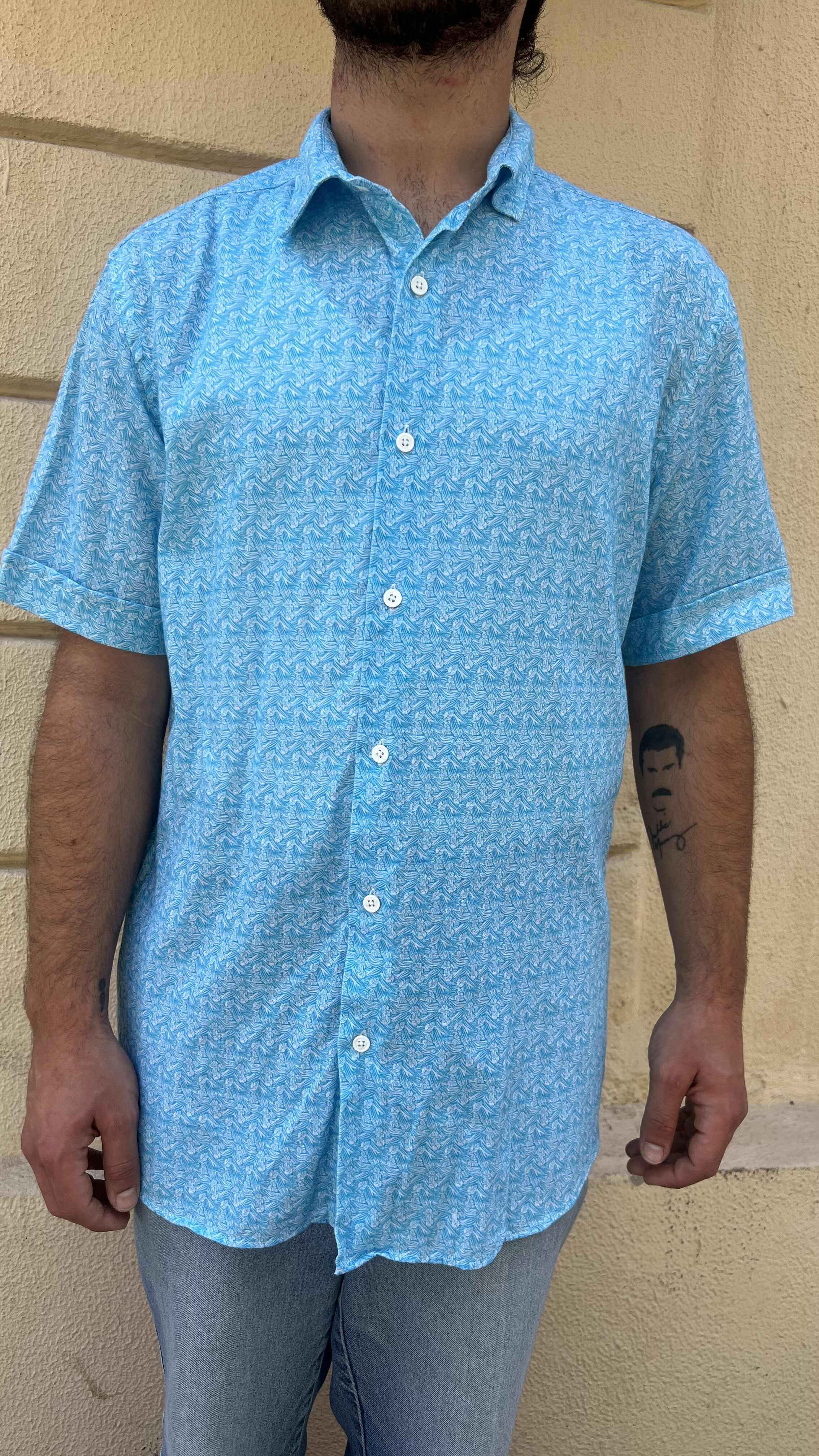 Bright Blue Retro Geometric Print Shirt