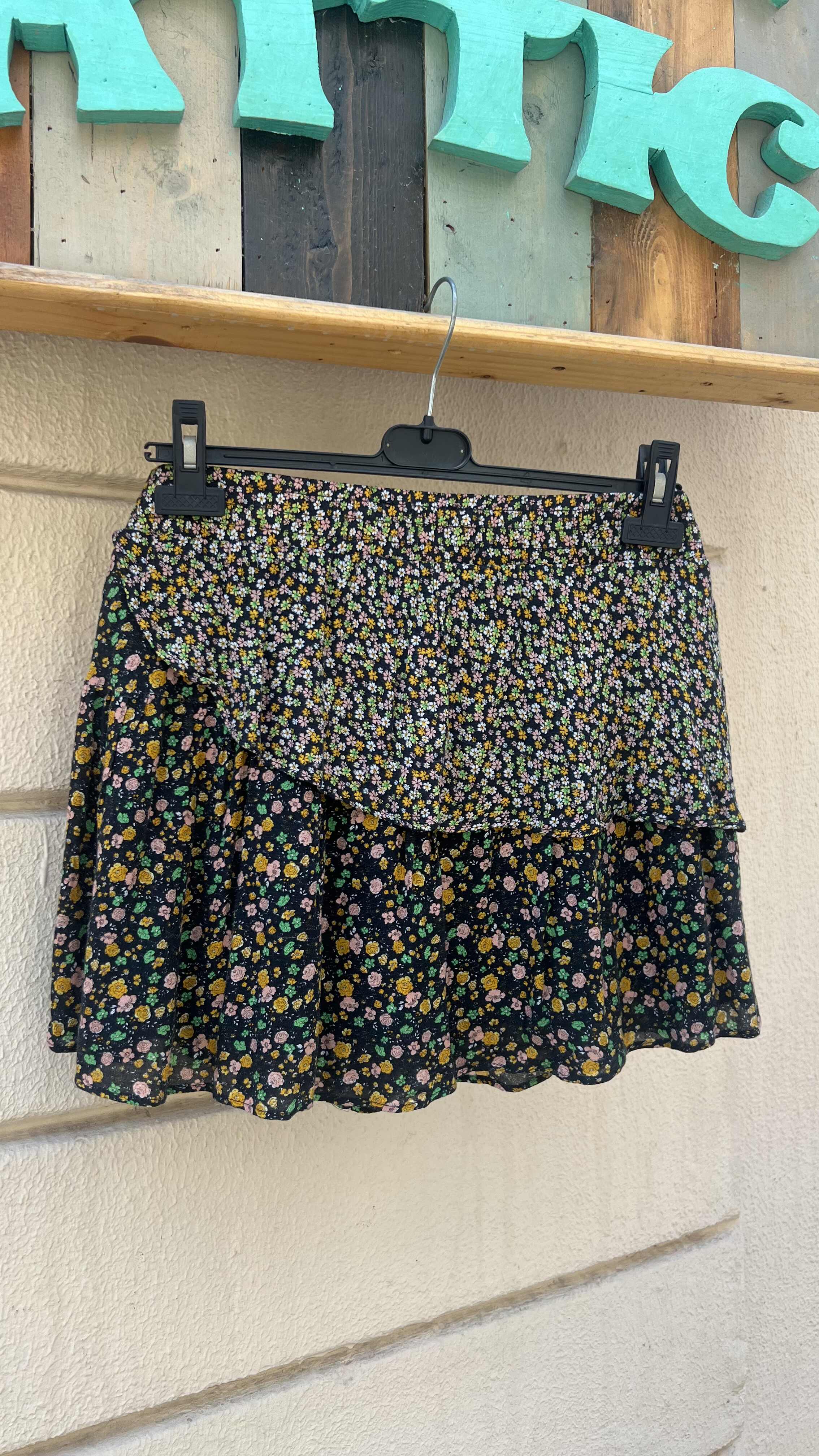 Black Mixed Micro Floral Ruffle Mini Skirt