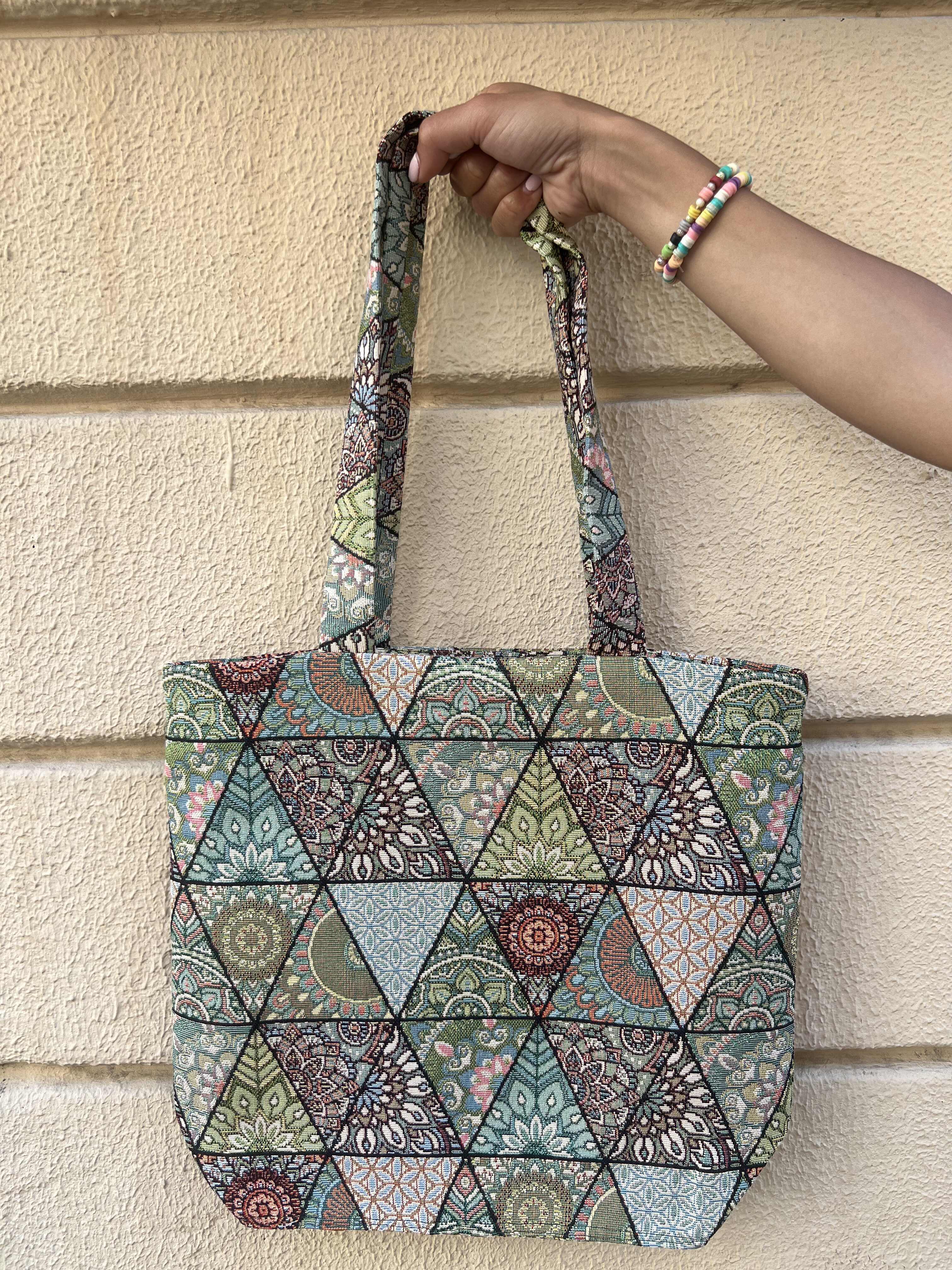 Handmade Green & Teal Mandala Tote Bag