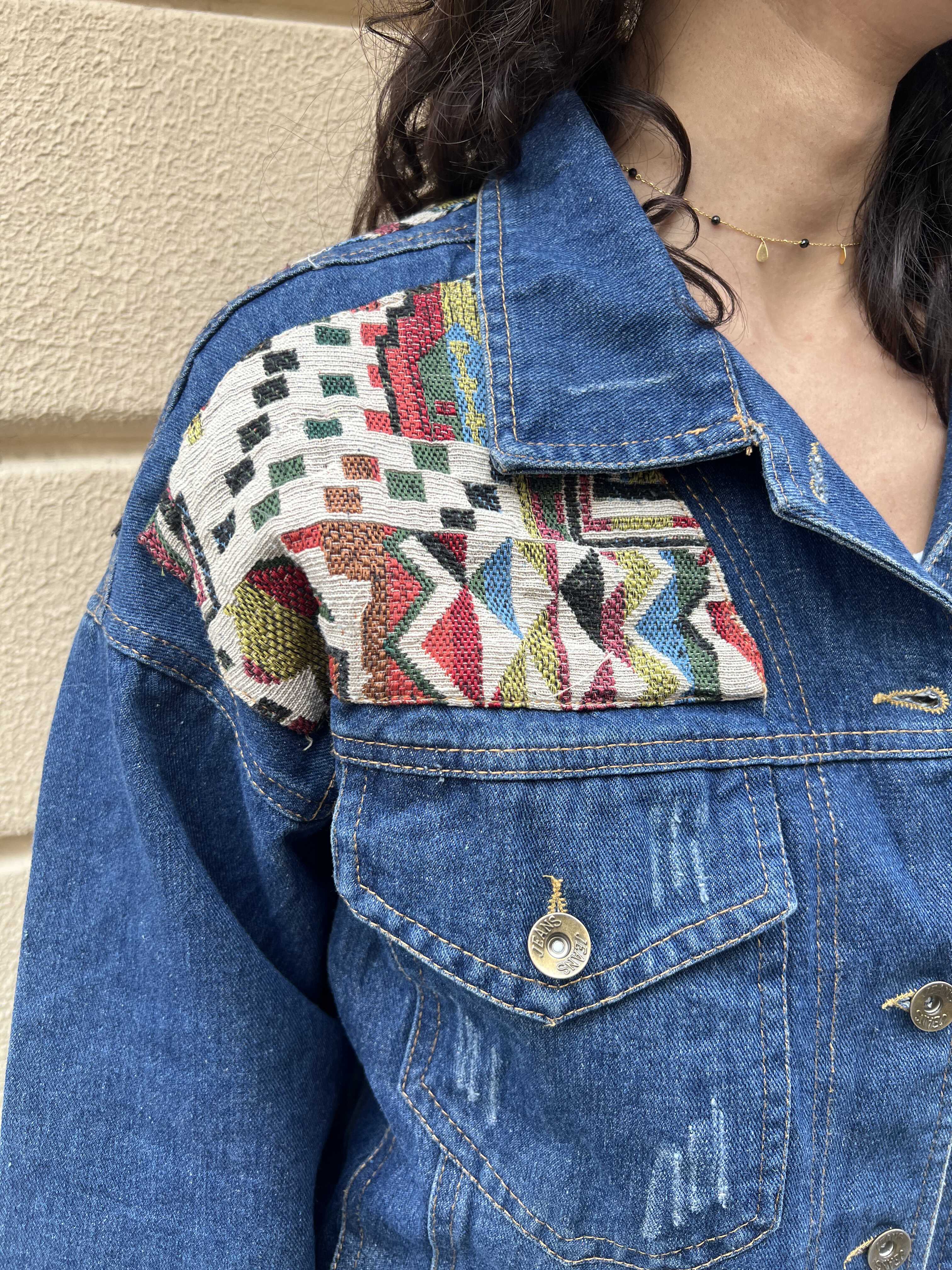 Mid-Wash Jean Jacket with Patterned Shoulder Panels