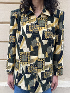 Vintage Abstract Floral & Geometric Print Button-up Blouse