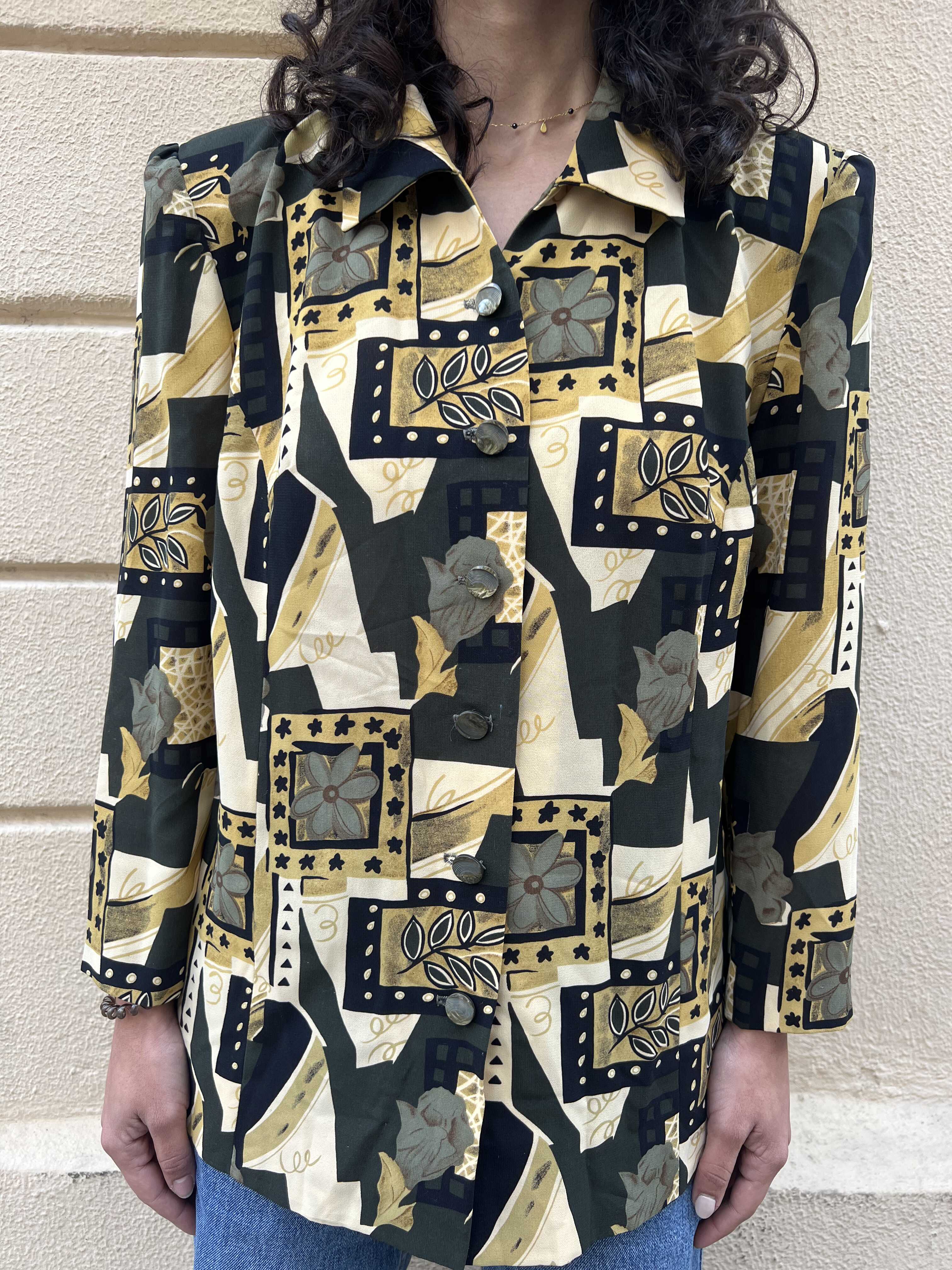 Vintage Abstract Floral & Geometric Print Button-up Blouse