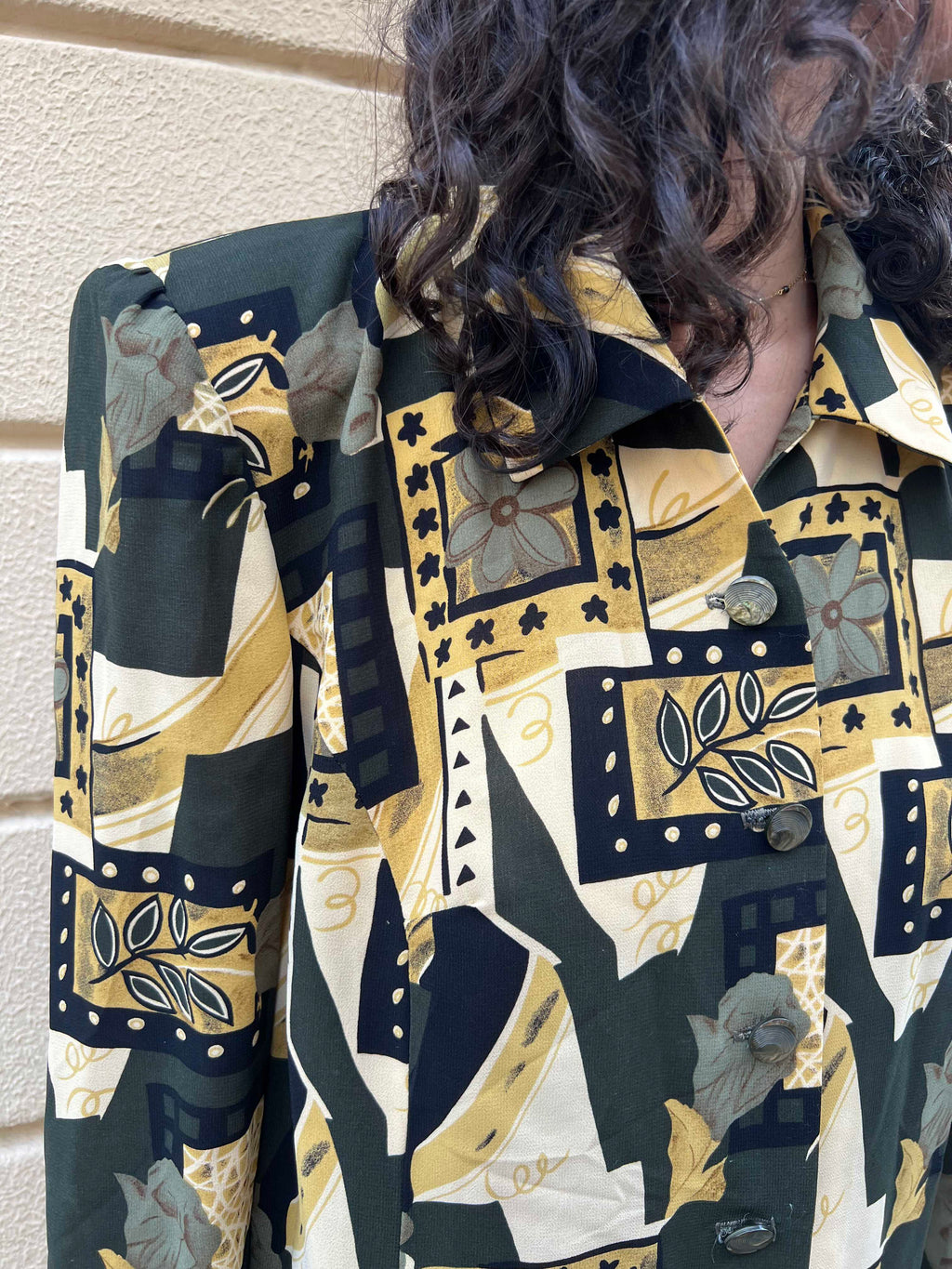 Vintage Abstract Floral & Geometric Print Button-up Blouse