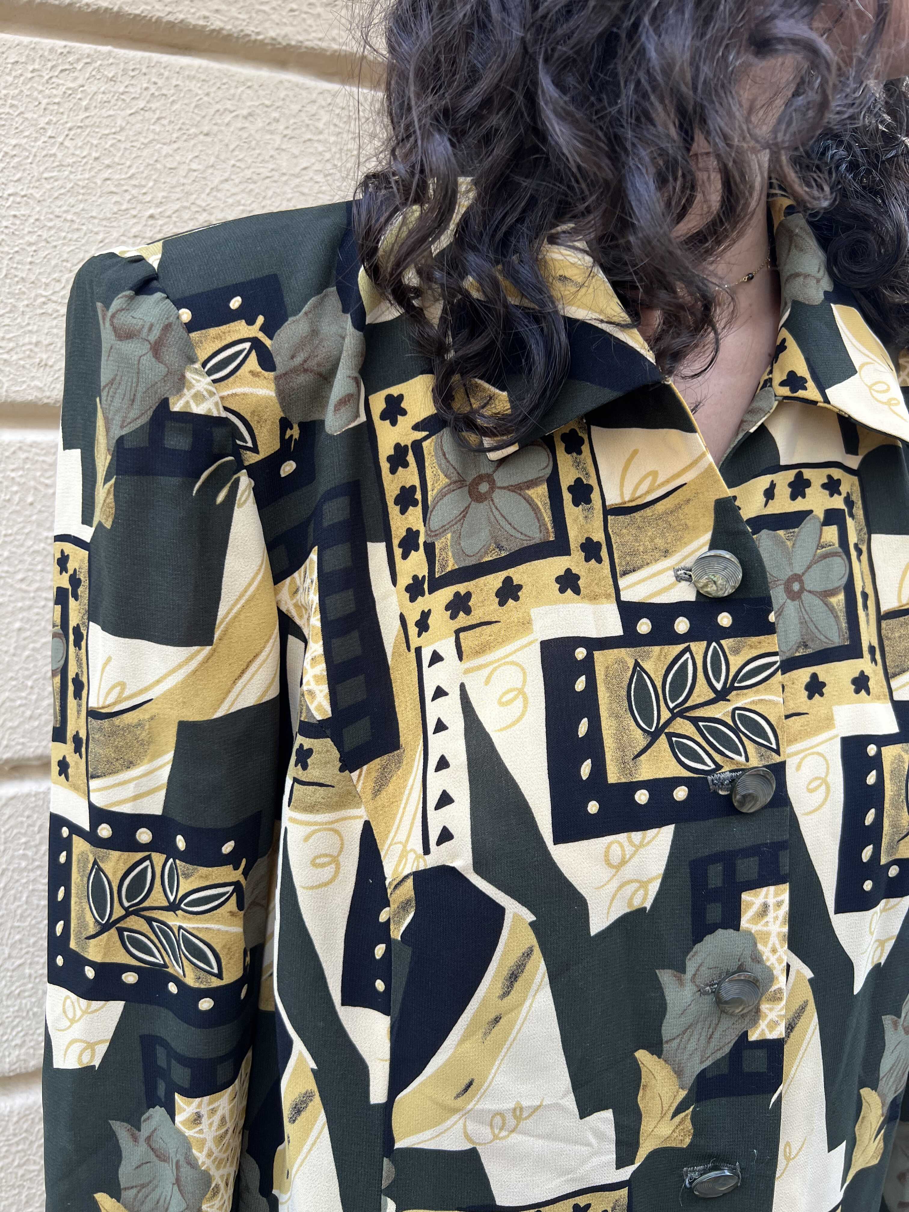 Vintage Abstract Floral & Geometric Print Button-up Blouse