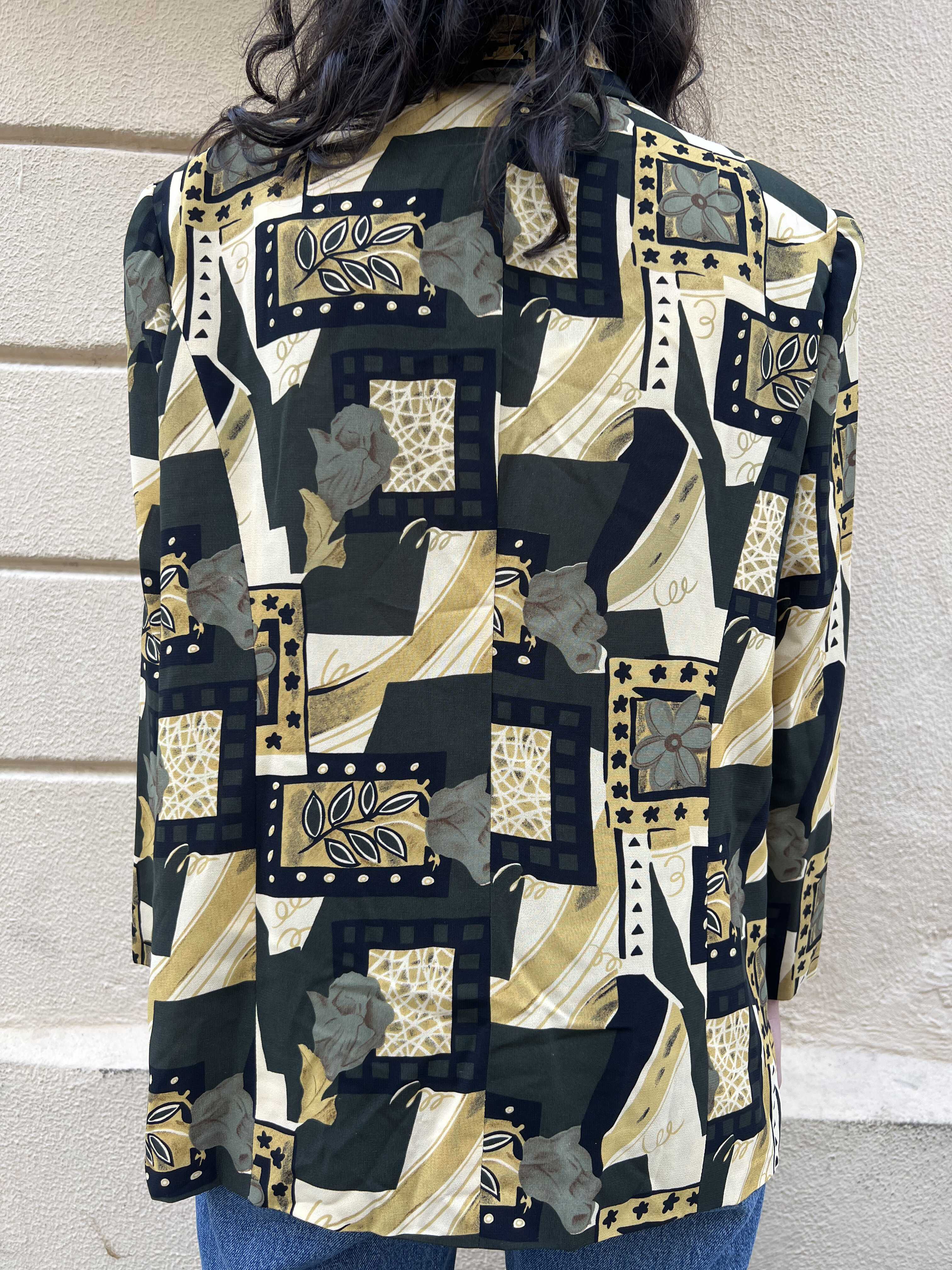 Vintage Abstract Floral & Geometric Print Button-up Blouse