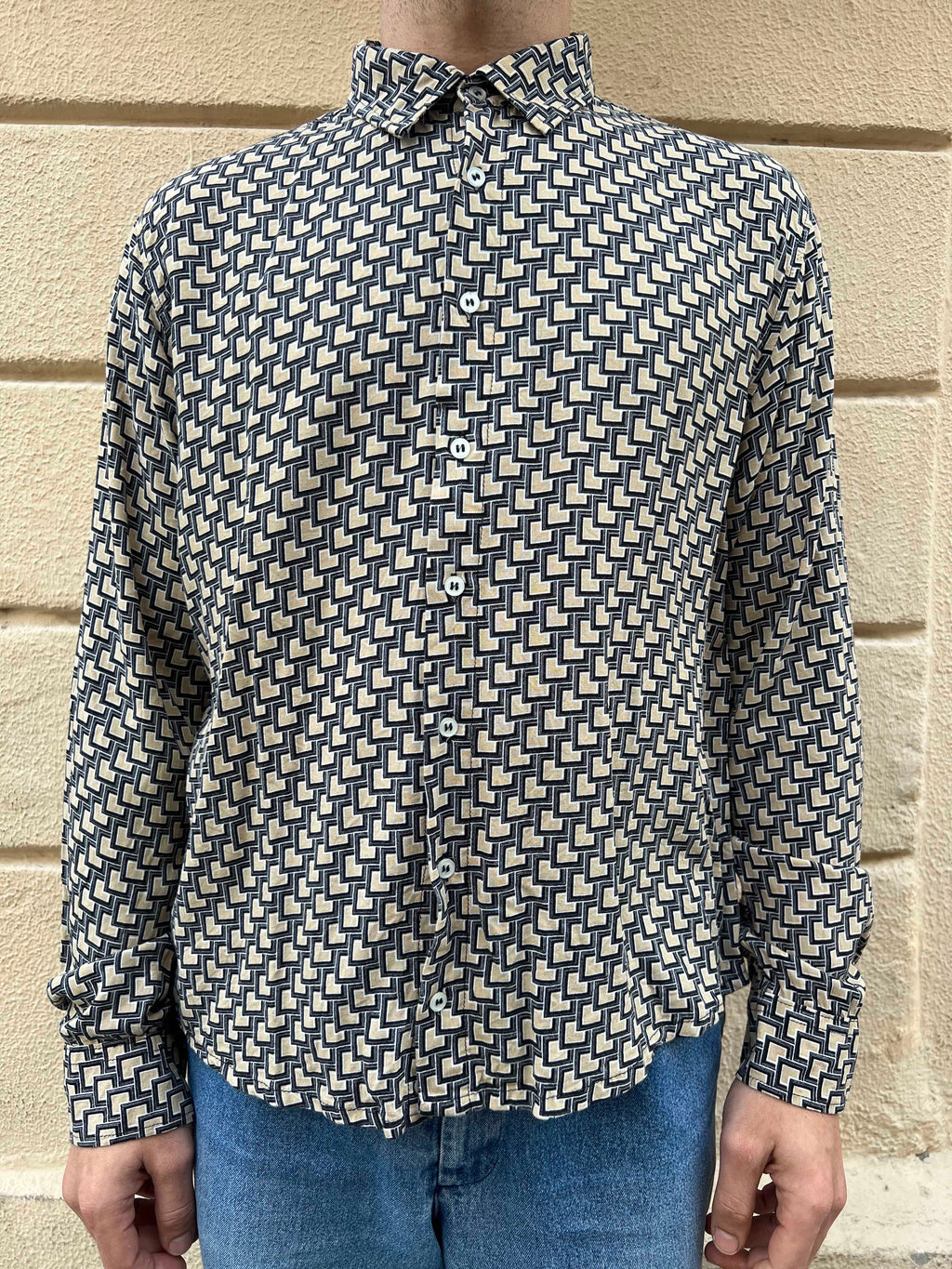 Black and Beige Square Print Long Sleeve Shirt