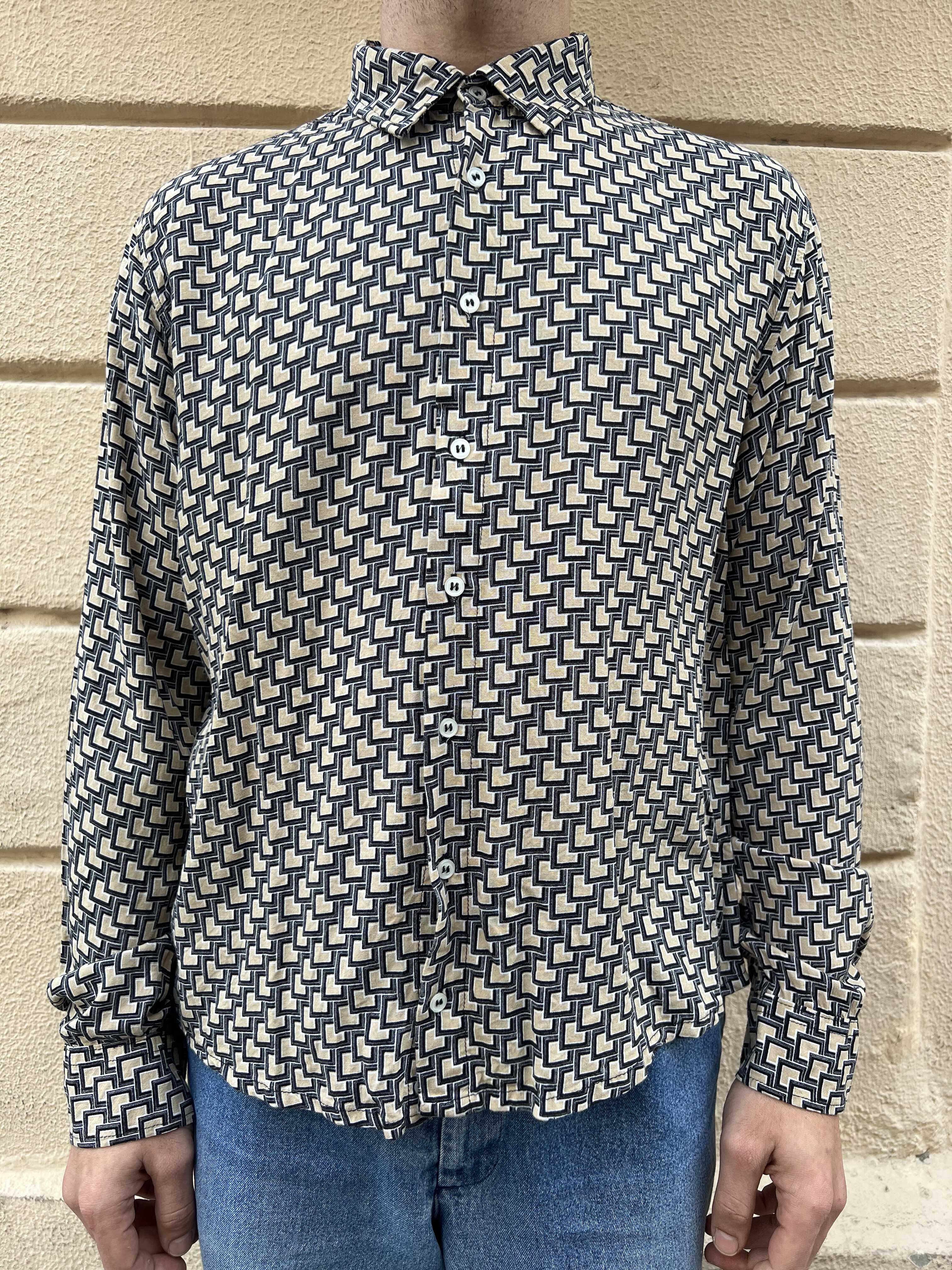 Black and Beige Square Print Long Sleeve Shirt