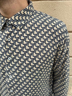 Black and Beige Square Print Long Sleeve Shirt