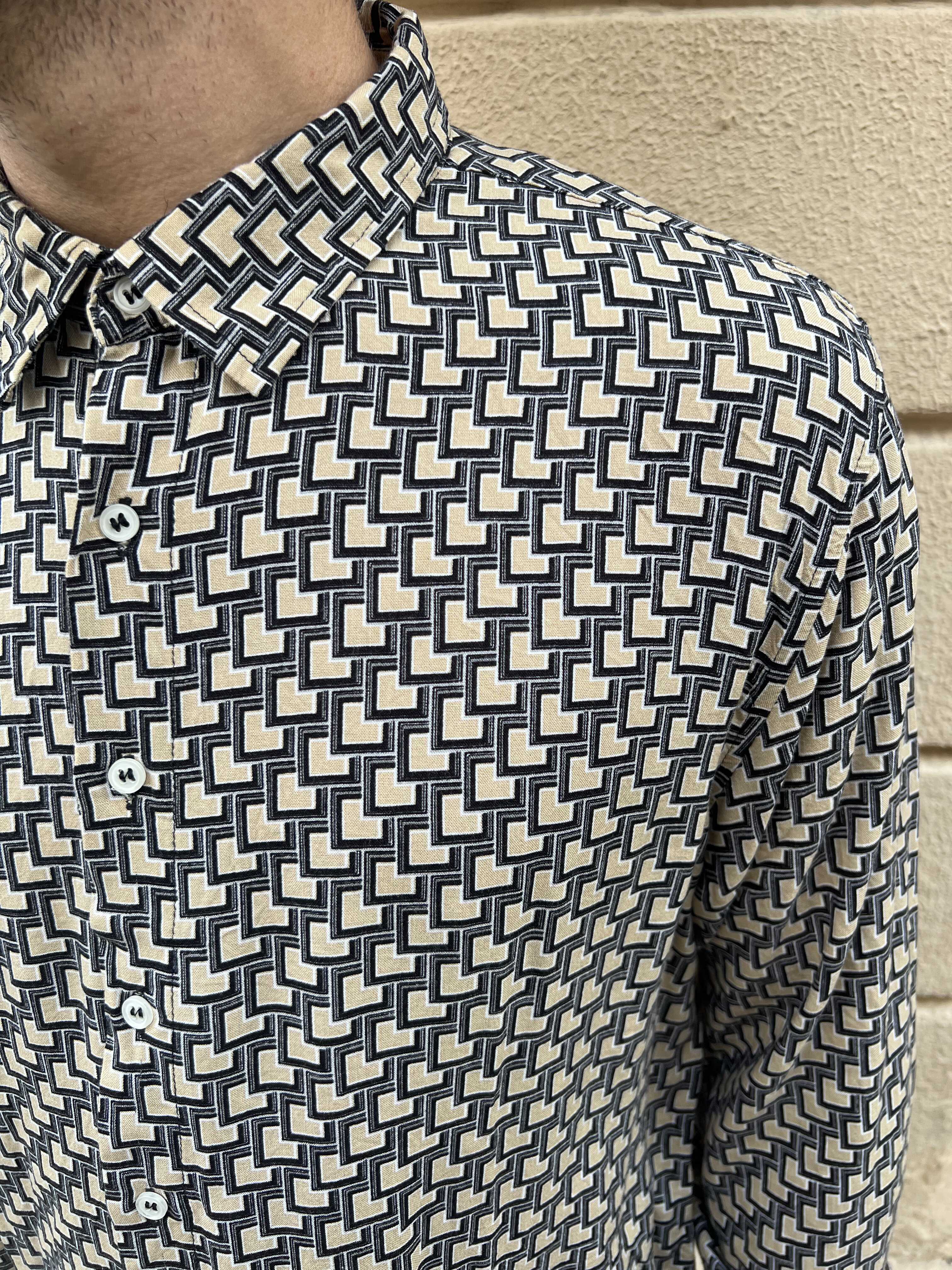 Black and Beige Square Print Long Sleeve Shirt