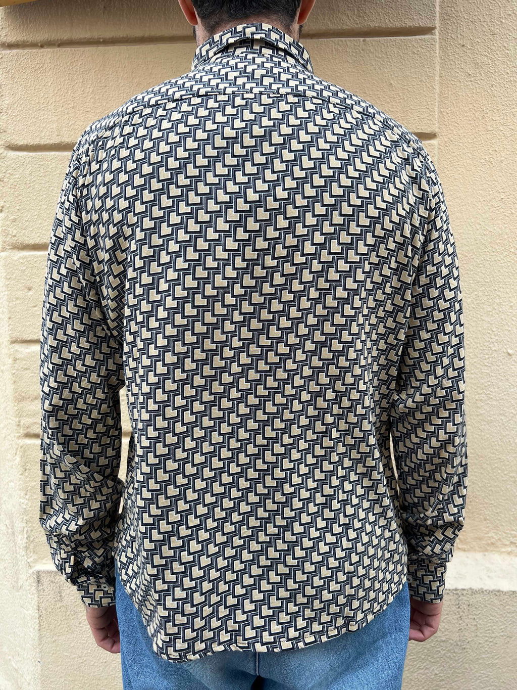 Black and Beige Square Print Long Sleeve Shirt