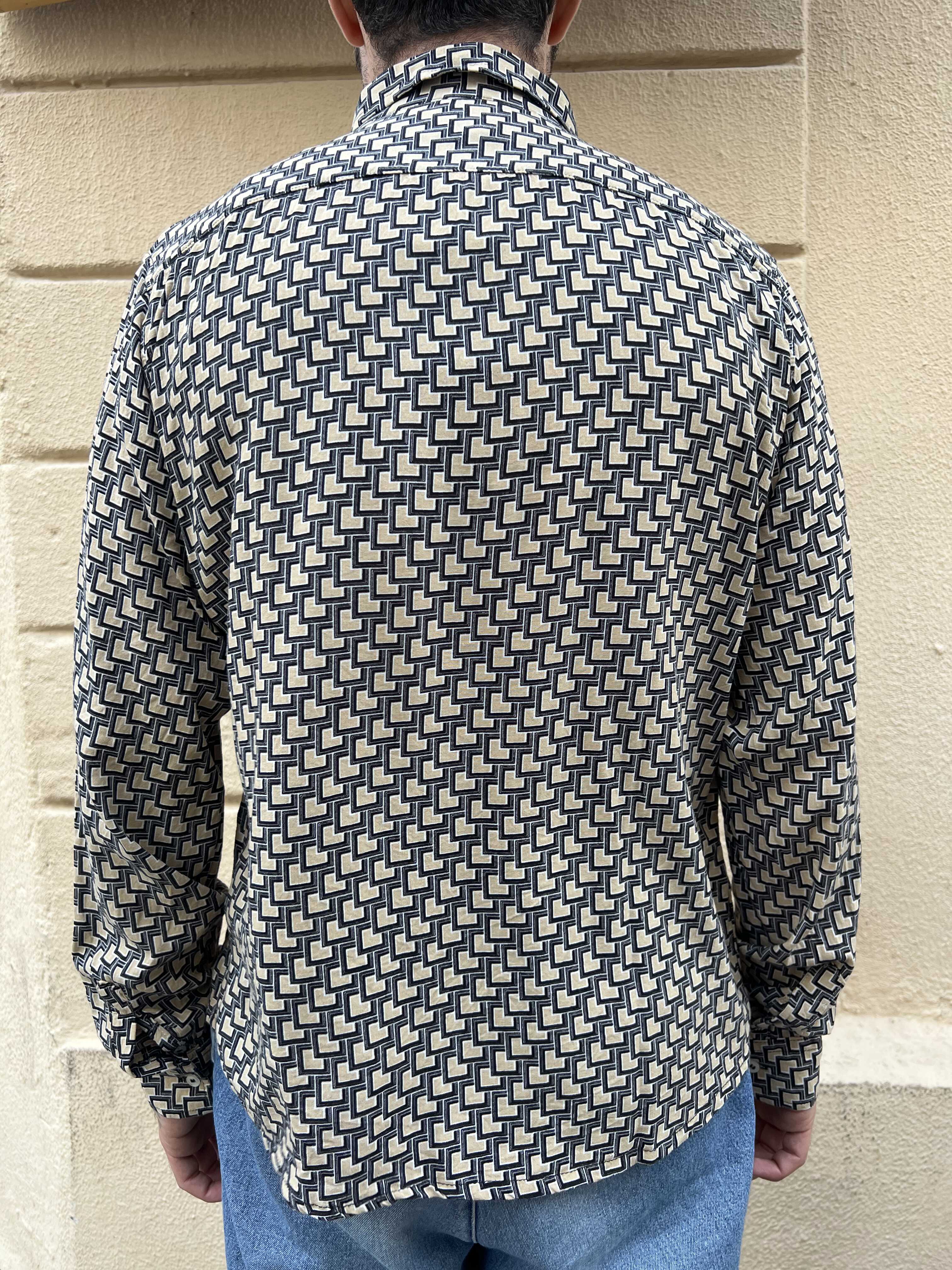 Black and Beige Square Print Long Sleeve Shirt